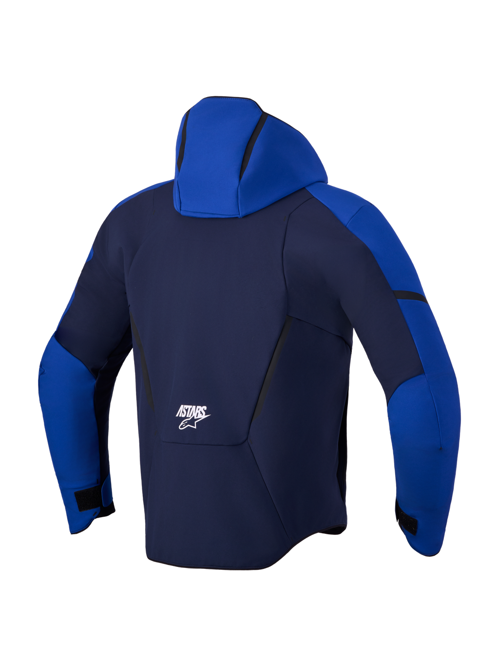 Alpinestars Aeroshell Wp Giacca, giacca sportiva softshell da moto, vista posteriore con cappuccio e marchio, blu e blu scuro, struttura impermeabile e traspirante
