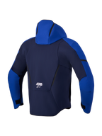 Alpinestars Aeroshell Wp Giacca, giacca sportiva softshell da moto, vista posteriore con cappuccio e marchio, blu e blu scuro, struttura impermeabile e traspirante