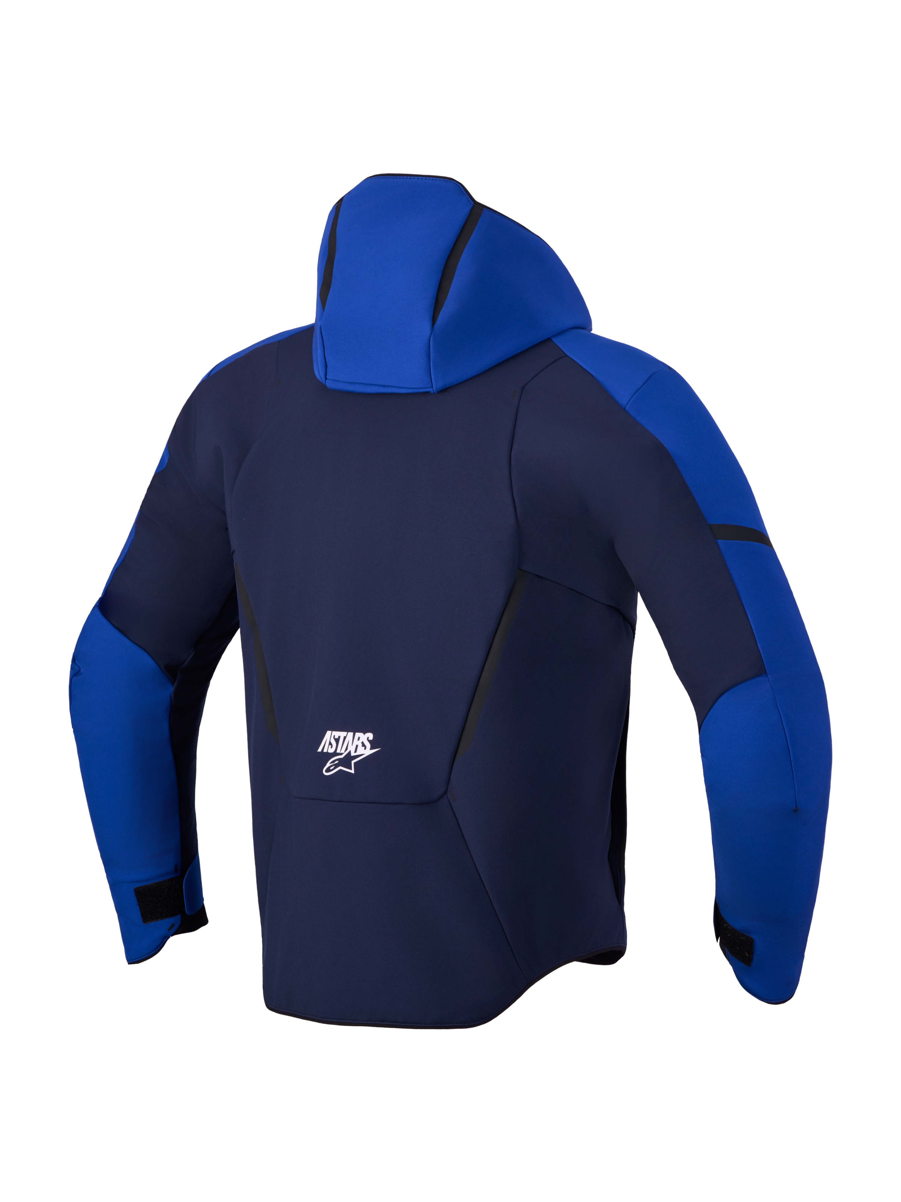 Alpinestars Aeroshell Wp Giacca, giacca sportiva softshell da moto, vista posteriore con cappuccio e marchio, blu e blu scuro, struttura impermeabile e traspirante