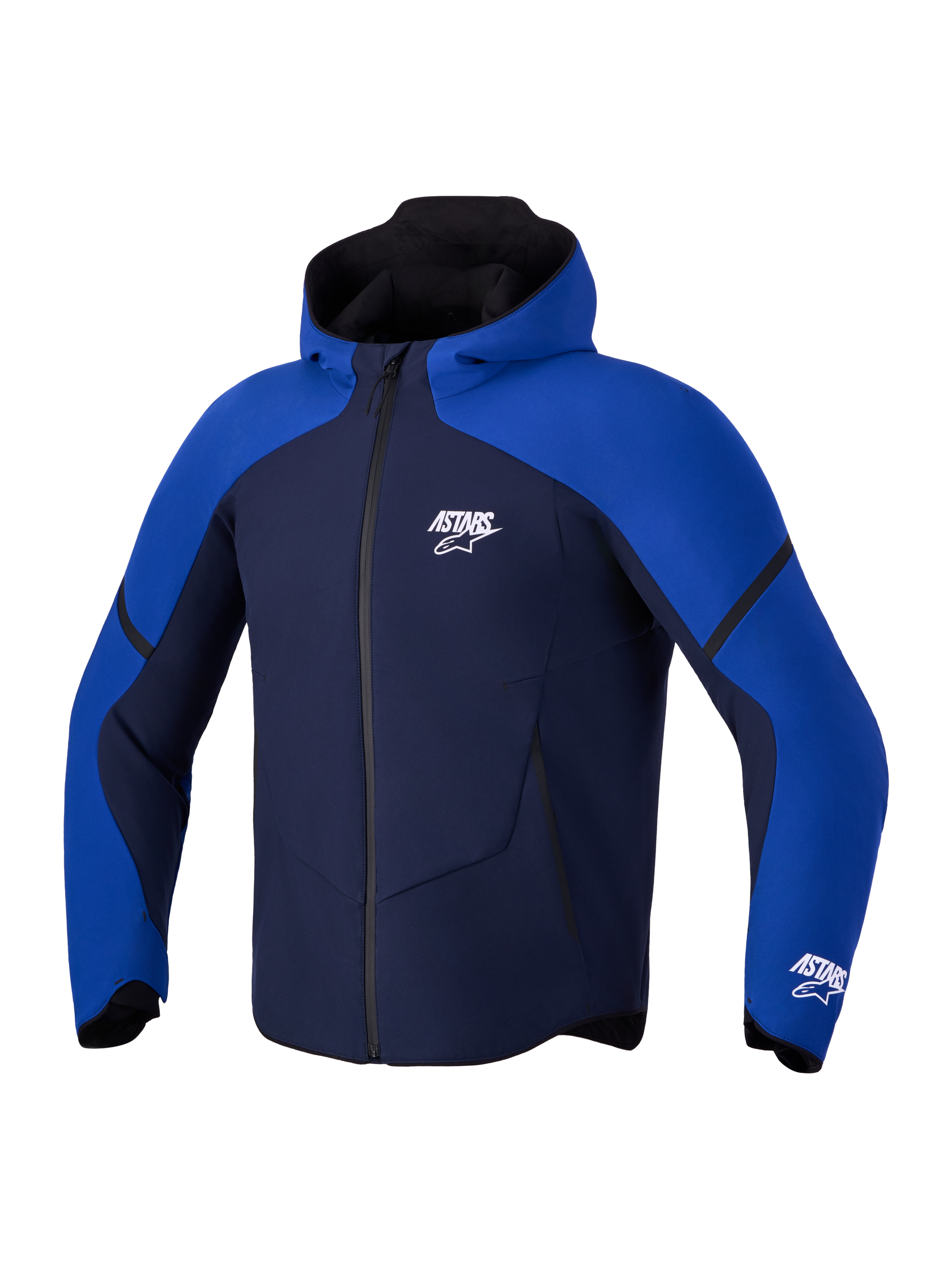 Alpinestars Aeroshell WP Giacca, felpa tecnica da moto softshell, blu notte e blu acceso, con cappuccio e membrana impermeabile