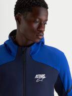 Giacca Aeroshell Wp Alpinestars, felpa sportiva da moto impermeabile da uomo in blu navy e blu brillante, con logo ASTARS bianco e zip anteriore