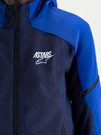 Alpinestars Aeroshell Wp Giacca, giacca da moto impermeabile con cappuccio da uomo, blu scuro e blu brillante, logo Astars bianco sul petto, vista ravvicinata