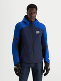 Alpinestars Aeroshell Wp Giacca, giacca da moto sportiva con cappuccio da uomo, blu scuro e blu brillante, indossata da un modello