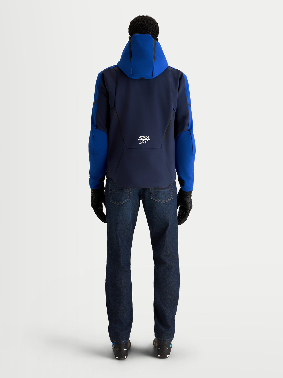 Alpinestars Aeroshell Wp Giacca, giacca da moto impermeabile sportiva da uomo, blu scuro e blu brillante, vista posteriore con cappuccio e protezione