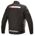 Alpinestars T-SP S Ignition Waterproof Jacket, giacca da moto, nero bianco e rosso fluo, vista posteriore caratterizzata da una striscia orizzontale bianca e rosso fluorescente sulle spalle, logo Alpinestars sul colletto e sulla parte inferiore della schiena, robusta struttura in tessuto per la guida urbana.