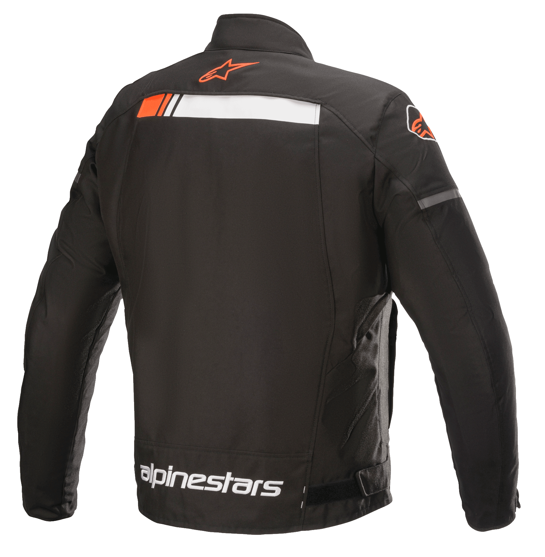 Alpinestars T-SP S Ignition Waterproof Jacket, giacca da moto, nero bianco e rosso fluo, vista posteriore caratterizzata da una striscia orizzontale bianca e rosso fluorescente sulle spalle, logo Alpinestars sul colletto e sulla parte inferiore della schiena, robusta struttura in tessuto per la guida urbana.