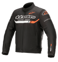 Alpinestars T-SP S Ignition Waterproof Jacket, giacca da moto in tessuto nero con dettagli bianchi e rosso fluo, con marchio Alpinestars e scritta "Racing Ahead" sul petto, logo SP-S sulla manica, colletto alto e vita regolabile