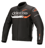Alpinestars T-SP S Ignition Waterproof Jacket, giacca da moto in tessuto nero con dettagli bianchi e rosso fluo, con marchio Alpinestars e scritta "Racing Ahead" sul petto, logo SP-S sulla manica, colletto alto e vita regolabile
