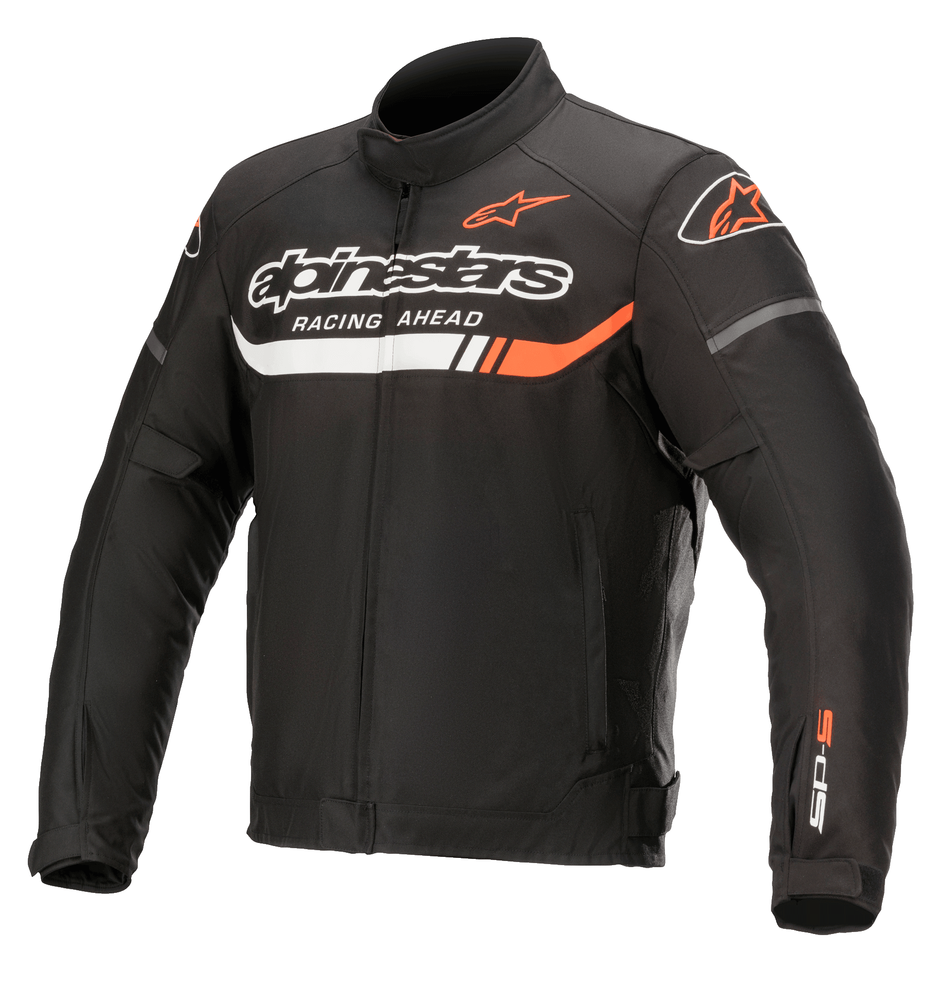 Alpinestars T-SP S Ignition Waterproof Jacket, giacca da moto in tessuto nero con dettagli bianchi e rosso fluo, con marchio Alpinestars e scritta "Racing Ahead" sul petto, logo SP-S sulla manica, colletto alto e vita regolabile