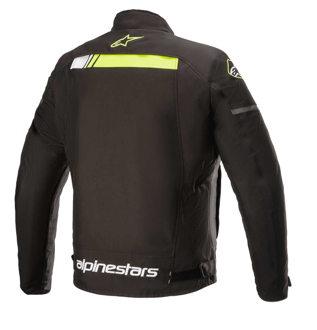 Alpinestars T-SP S Ignition Waterproof Jacket, giacca da moto in tessuto, nero e giallo fluo, vista posteriore con striscia orizzontale giallo neon sulla parte superiore della schiena, logo Alpinestars bianco sulla vita e piccolo logo a stella giallo sul colletto