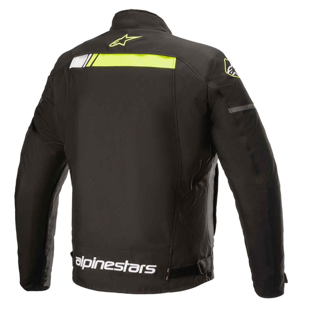 Alpinestars T-SP S Ignition Waterproof Jacket, giacca da moto in tessuto, nero e giallo fluo, vista posteriore con striscia orizzontale giallo neon sulla parte superiore della schiena, logo Alpinestars bianco sulla vita e piccolo logo a stella giallo sul colletto