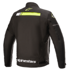 Alpinestars T-SP S Ignition Waterproof Jacket, giacca da moto in tessuto, nero e giallo fluo, vista posteriore con striscia orizzontale giallo neon sulla parte superiore della schiena, logo Alpinestars bianco sulla vita e piccolo logo a stella giallo sul colletto