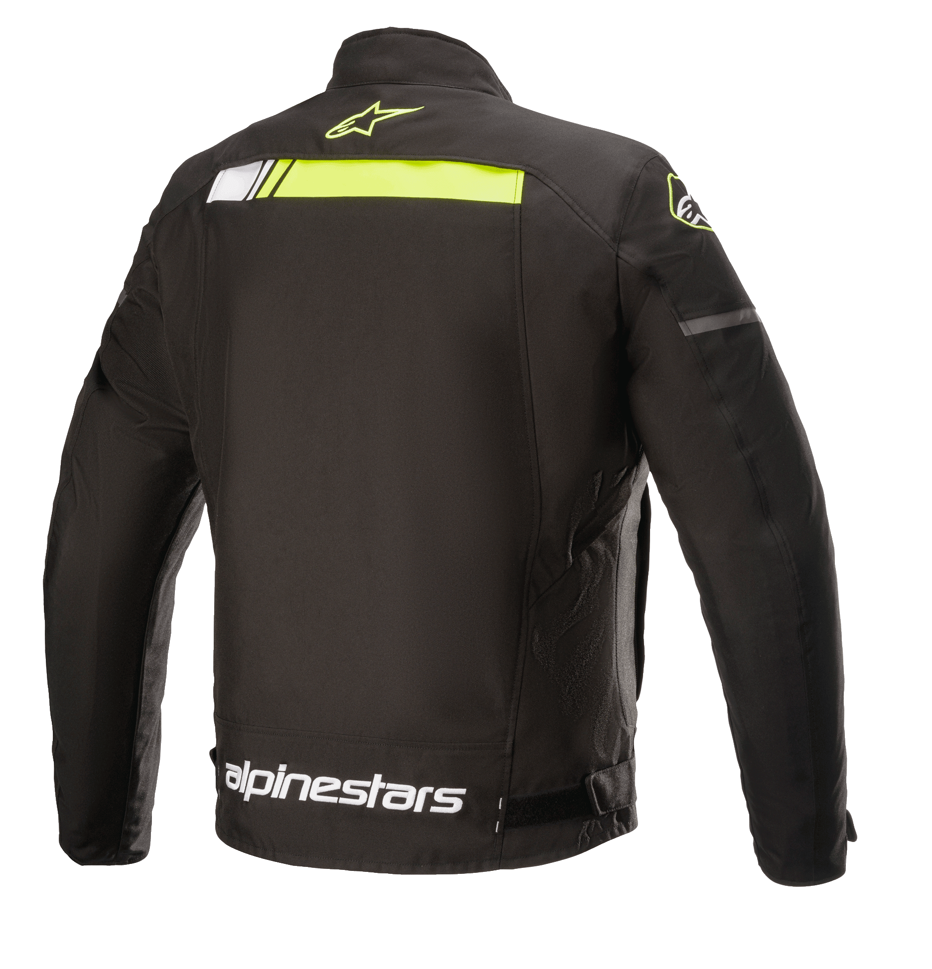 Alpinestars T-SP S Ignition Waterproof Jacket, giacca da moto in tessuto, nero e giallo fluo, vista posteriore con striscia orizzontale giallo neon sulla parte superiore della schiena, logo Alpinestars bianco sulla vita e piccolo logo a stella giallo sul colletto