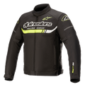 Alpinestars T-SP S Ignition Waterproof Jacket, giacca moto in tessuto, nera con inserti giallo fluo e bianchi, caratterizzata dal logo Alpinestars e dalla scritta 'Racing Ahead' sul petto, una striscia orizzontale giallo neon e un design sportivo d'ispirazione racing.