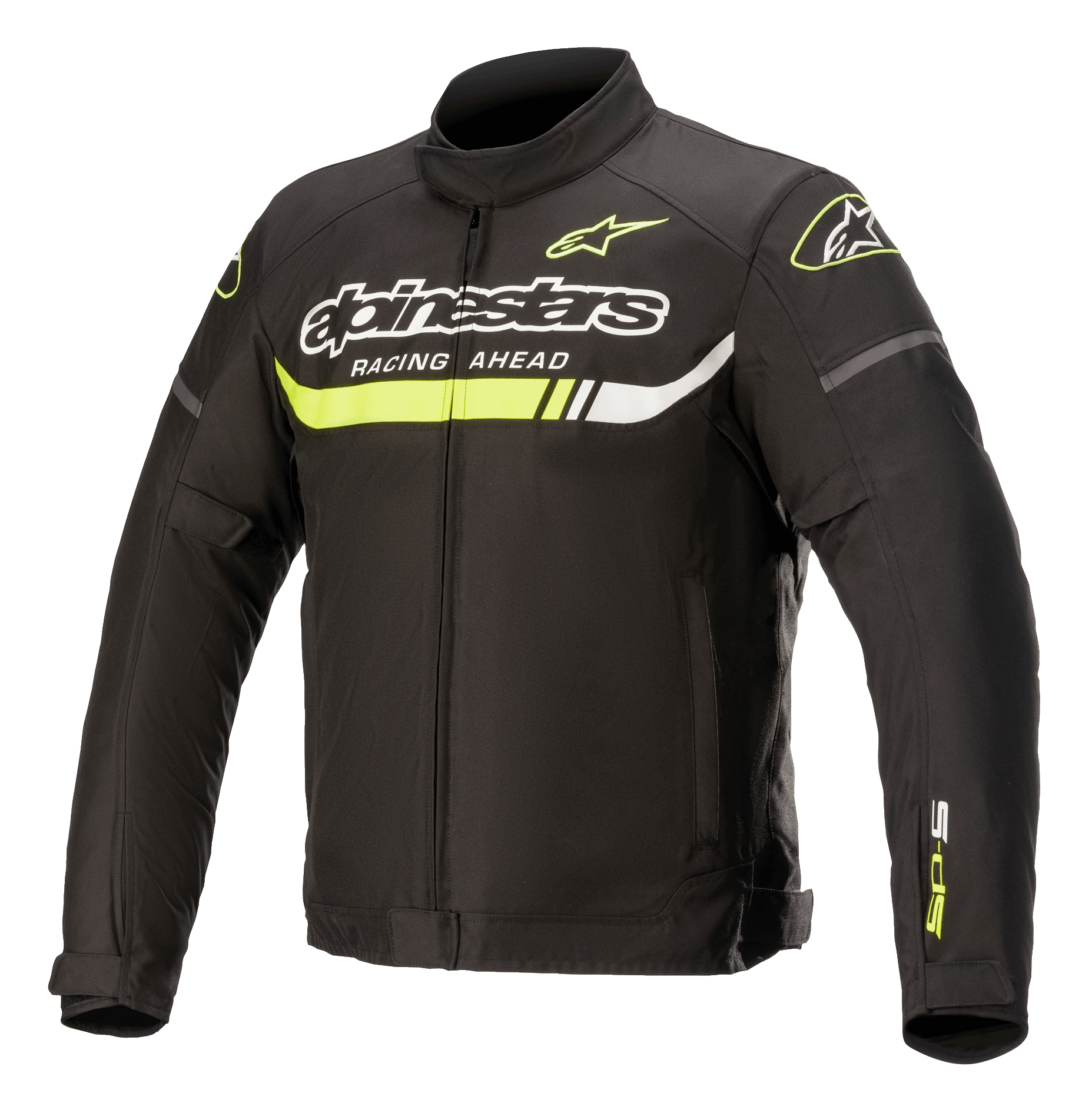 Alpinestars T-SP S Ignition Waterproof Jacket, giacca moto in tessuto, nera con inserti giallo fluo e bianchi, caratterizzata dal logo Alpinestars e dalla scritta 'Racing Ahead' sul petto, una striscia orizzontale giallo neon e un design sportivo d'ispirazione racing.