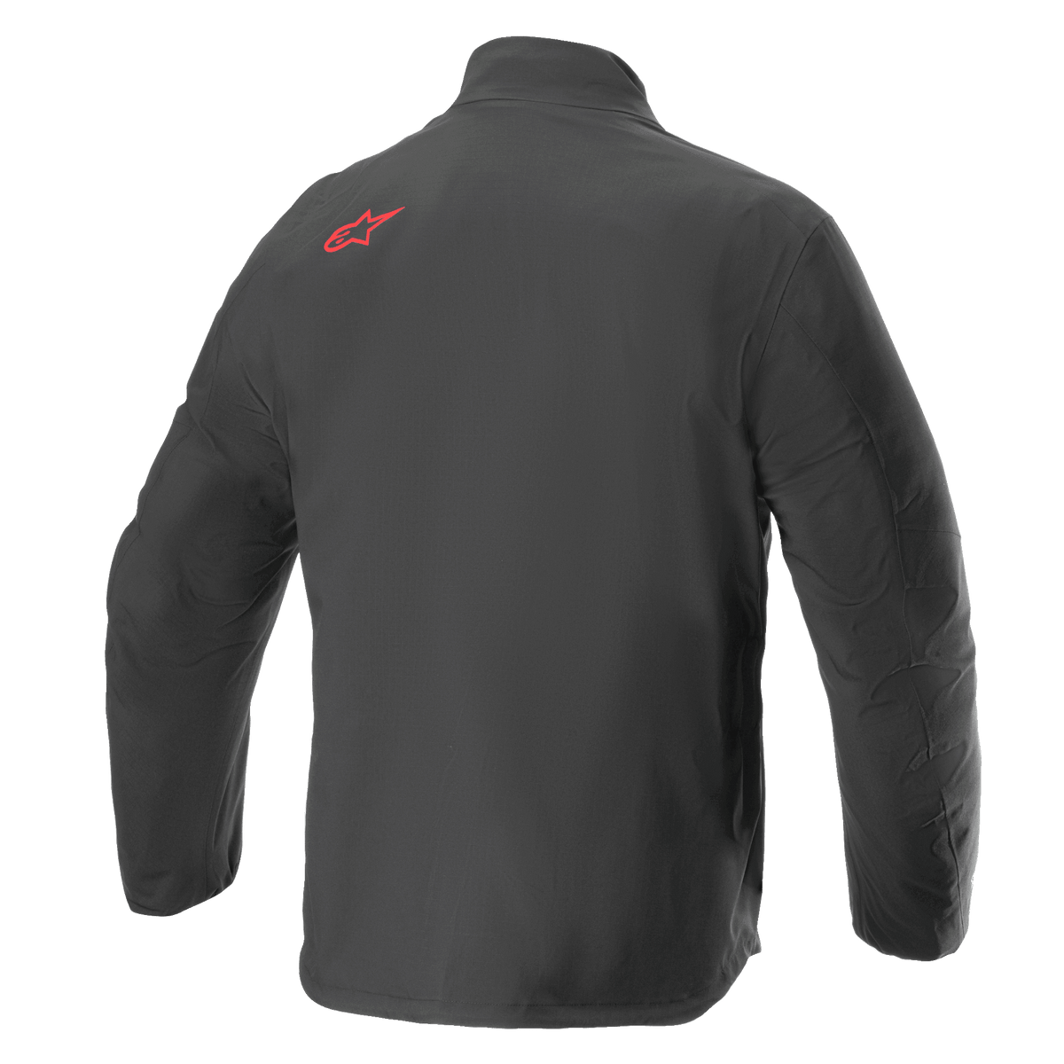 Alpinestars AMT Storm Gear Drystar® XF Jacket, giacca da moto impermeabile, nero, vista posteriore con logo Alpinestars rosso sulla spalla superiore, robusta struttura in tessuto ripstop con parte posteriore allungata per una maggiore copertura