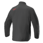 Alpinestars AMT Storm Gear Drystar® XF Jacket, giacca da moto impermeabile, nero, vista posteriore con logo Alpinestars rosso sulla spalla superiore, robusta struttura in tessuto ripstop con parte posteriore allungata per una maggiore copertura