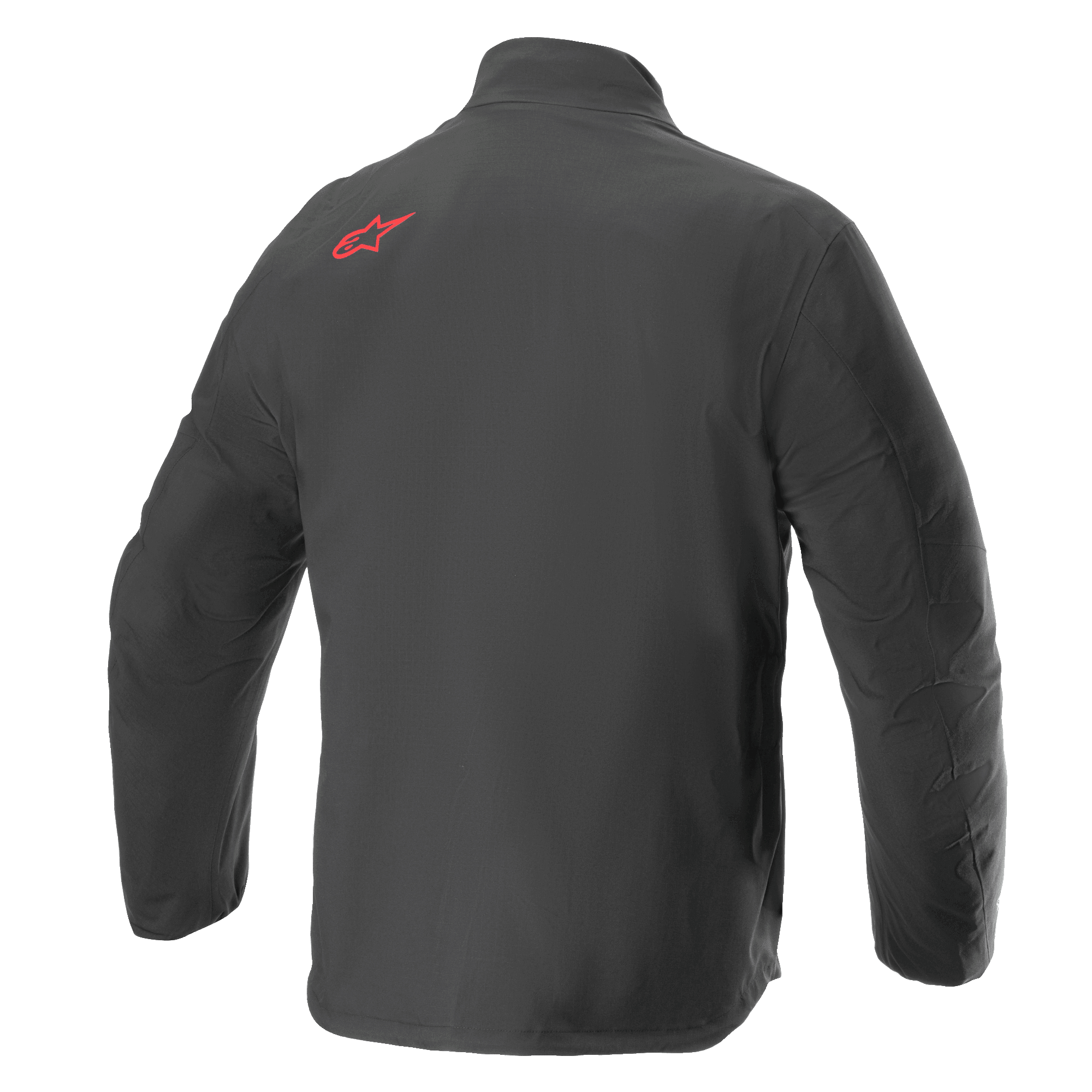 Alpinestars AMT Storm Gear Drystar® XF Jacket, giacca da moto impermeabile, nero, vista posteriore con logo Alpinestars rosso sulla spalla superiore, robusta struttura in tessuto ripstop con parte posteriore allungata per una maggiore copertura