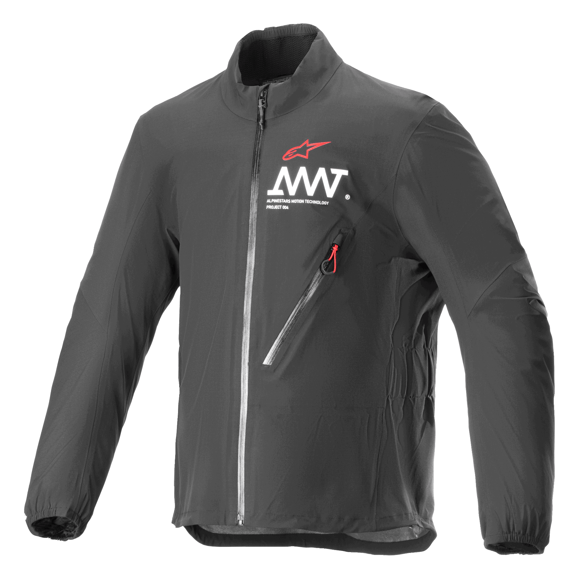 Alpinestars AMT Storm Gear Drystar XF Jacket, giacca da moto impermeabile e traspirante, nero, colletto alto, tasca diagonale sul petto con zip e tirante rosso, logo AMT bianco sul petto