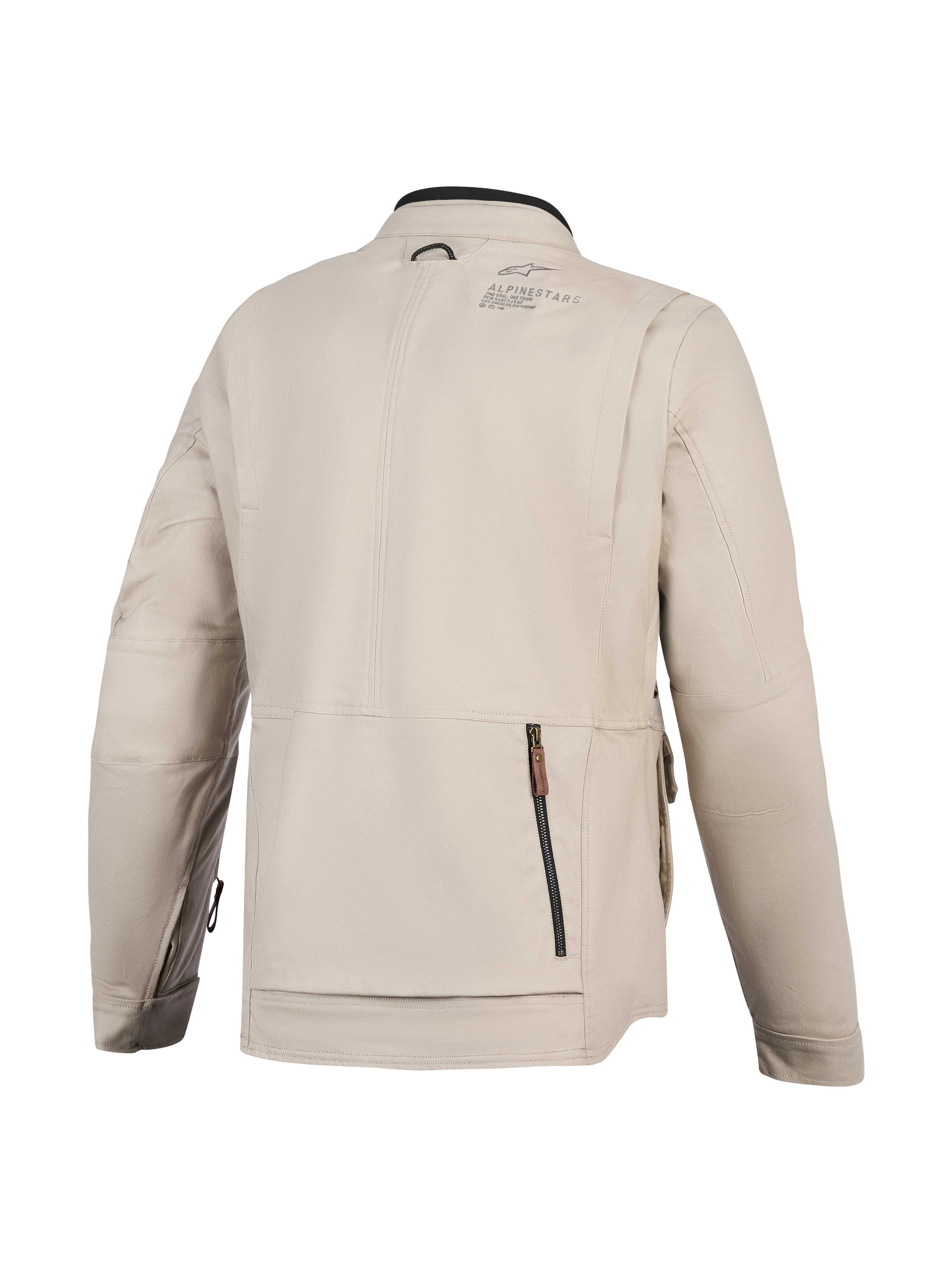 Alpinestars Borrego Drystar® Jacket, giacca da moto, grigio caldo, vista posteriore con un ampio scomparto posteriore con cerniera, costruzione in robusta tela tessile con logo Alpinestars sulla spalla, design pronto per l'avventura
