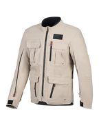 Giacca Alpinestars Borrego Drystar®, giacca da moto, grigio caldo, vista frontale con molteplici tasche cargo, cerniere nere con linguette marroni, trama in tela cerata e patch con logo nera sul petto.