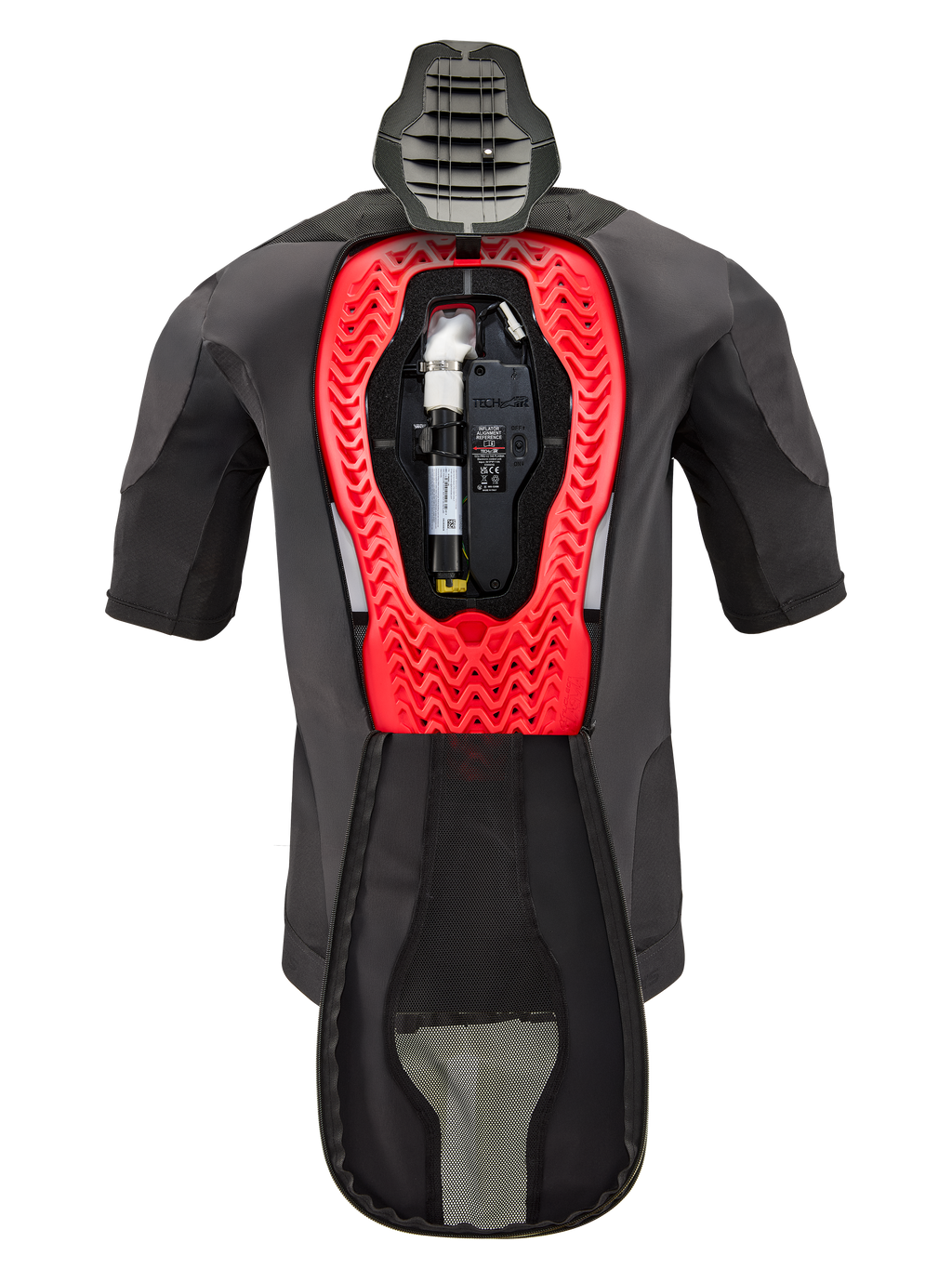 Bombola di ricambio Alpinestars Tech-Air® 5 Plasma, mostrata all'interno di un gilet Tech-Air® 5 Plasma, capo nero con struttura interna a nido d'ape rosso brillante, con bombola di gas argon e unità elettronica, abbigliamento tecnico protettivo da moto