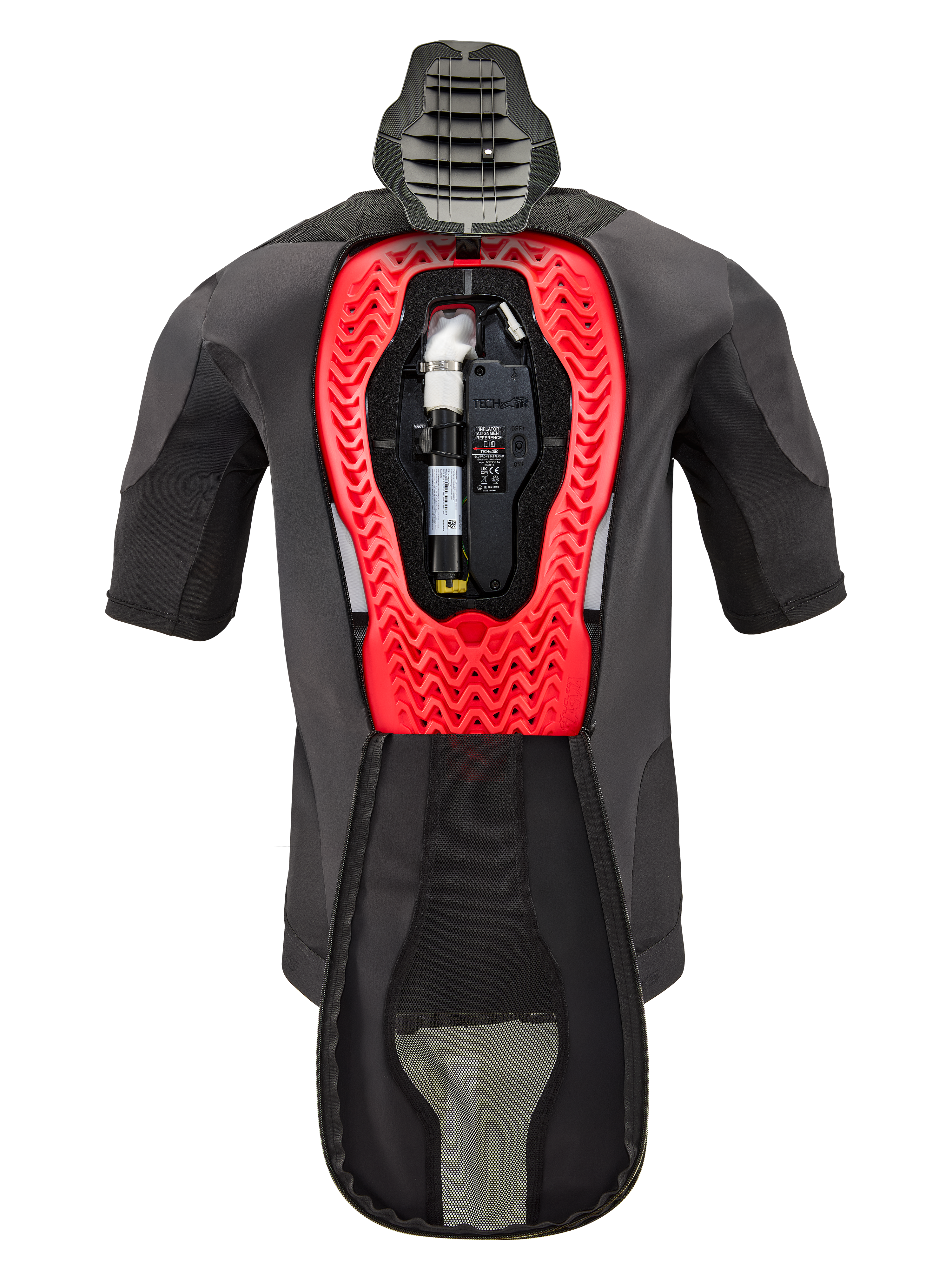 Bombola di ricambio Alpinestars Tech-Air® 5 Plasma, mostrata all'interno di un gilet Tech-Air® 5 Plasma, capo nero con struttura interna a nido d'ape rosso brillante, con bombola di gas argon e unità elettronica, abbigliamento tecnico protettivo da moto