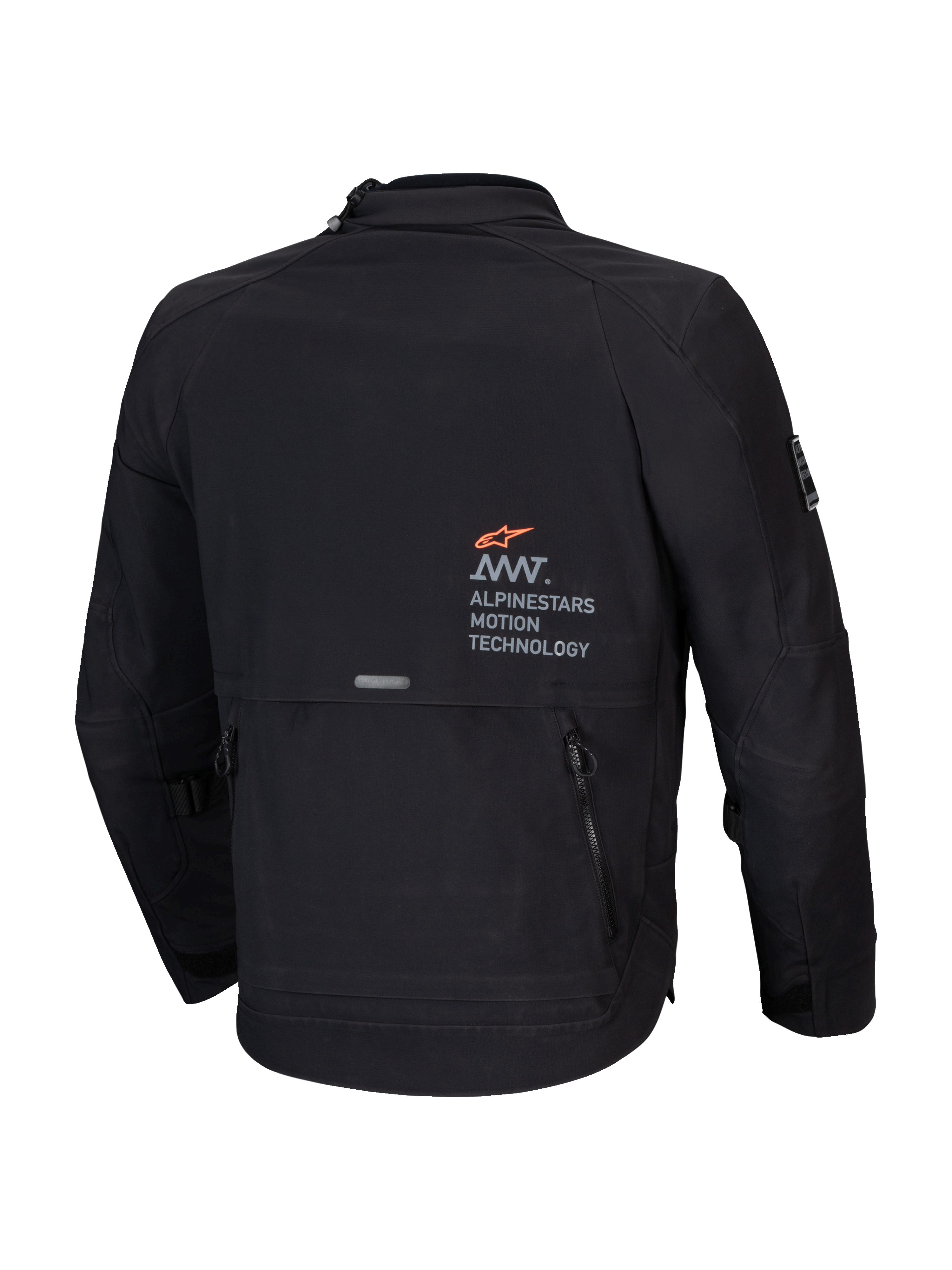 Alpinestars Giacca AMT-8 Stretch Drystar XF, giacca da moto adventure touring da uomo, nera, vista posteriore con dettagli del marchio AMT e tasca utility cargo