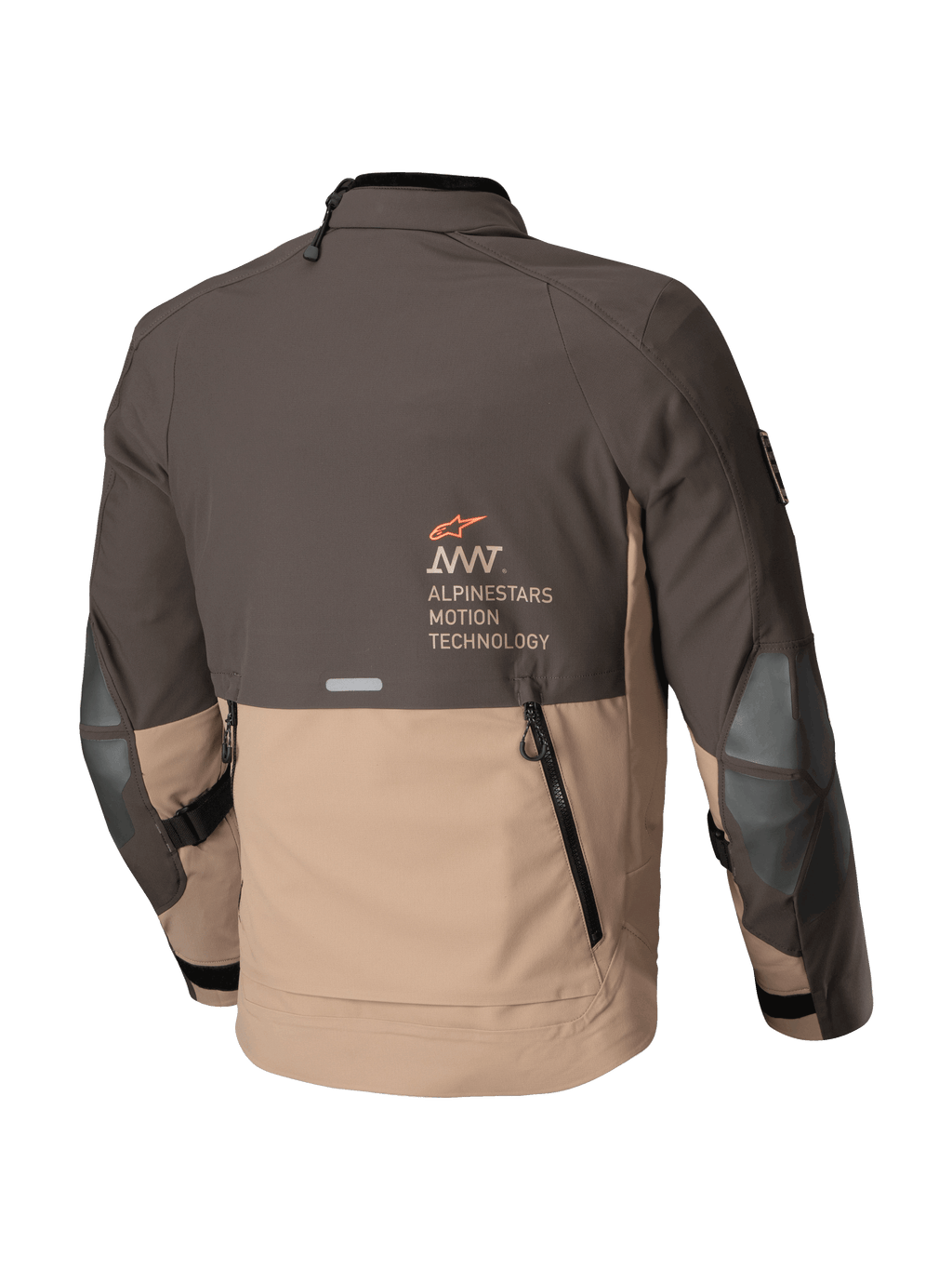 Giacca Alpinestars AMT-8 Stretch Drystar® XF, giacca moto adventure touring da uomo, marrone scuro e cachi scuro, vista posteriore con sfiato di scarico e logo Alpinestars Motion Technology