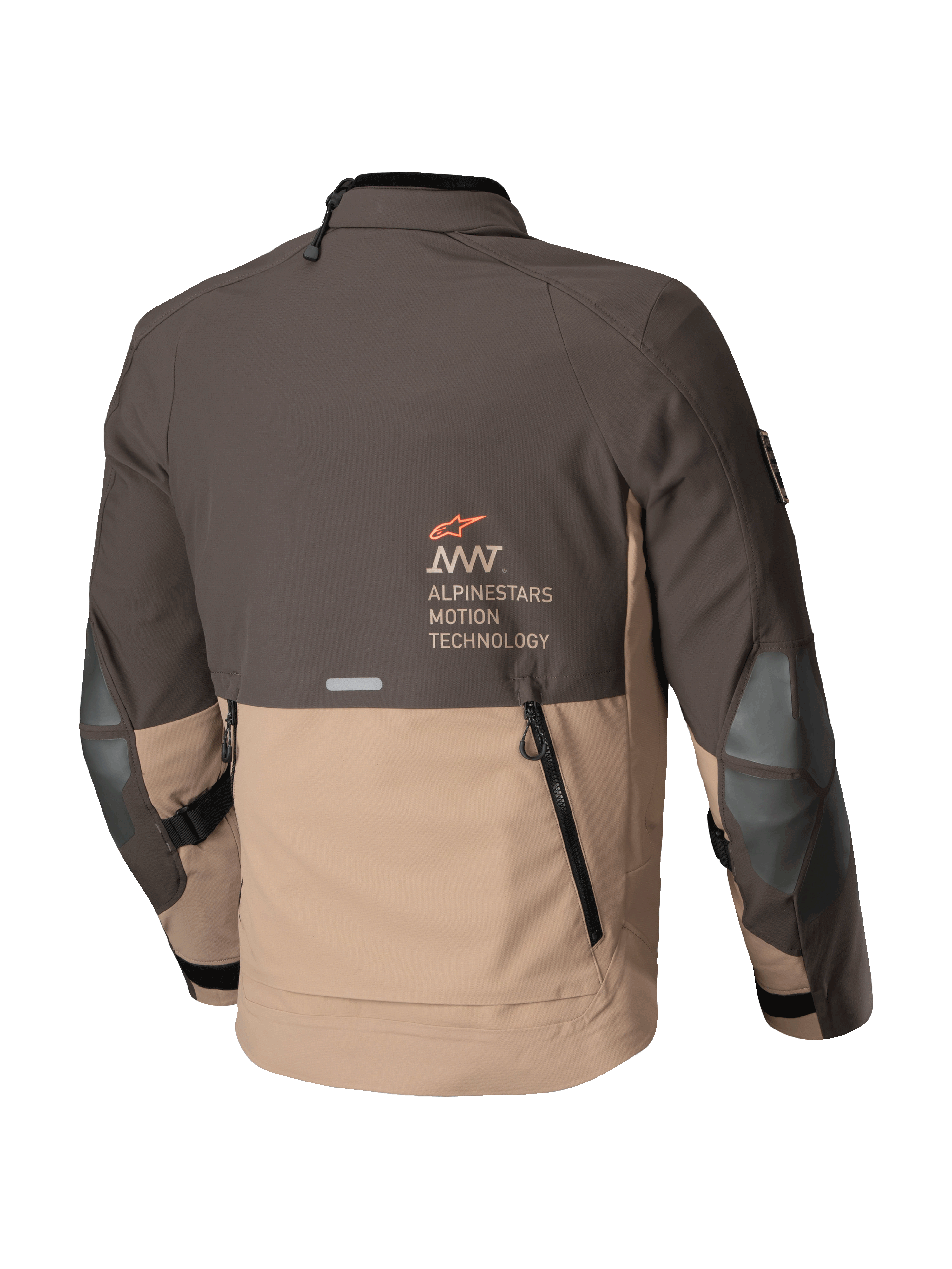Giacca Alpinestars AMT-8 Stretch Drystar® XF, giacca moto adventure touring da uomo, marrone scuro e cachi scuro, vista posteriore con sfiato di scarico e logo Alpinestars Motion Technology