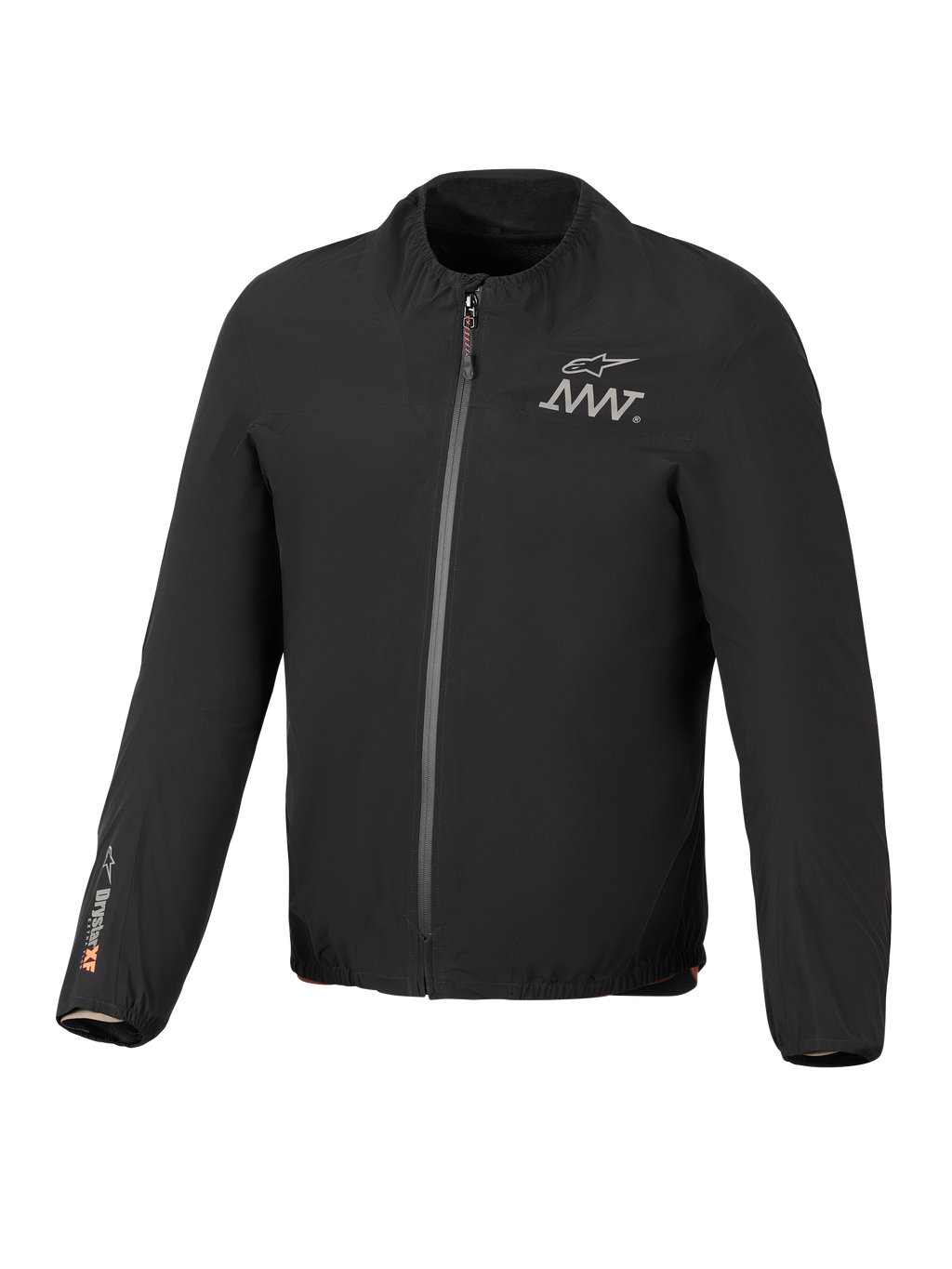 Fodera per giacca Alpinestars AMT-8 Stretch Drystar® XF, nera, giacca elasticizzata impermeabile leggera, zip frontale, logo AMT sul petto, marchio Drystar® XF sulla manica destra, colletto e polsini elasticizzati