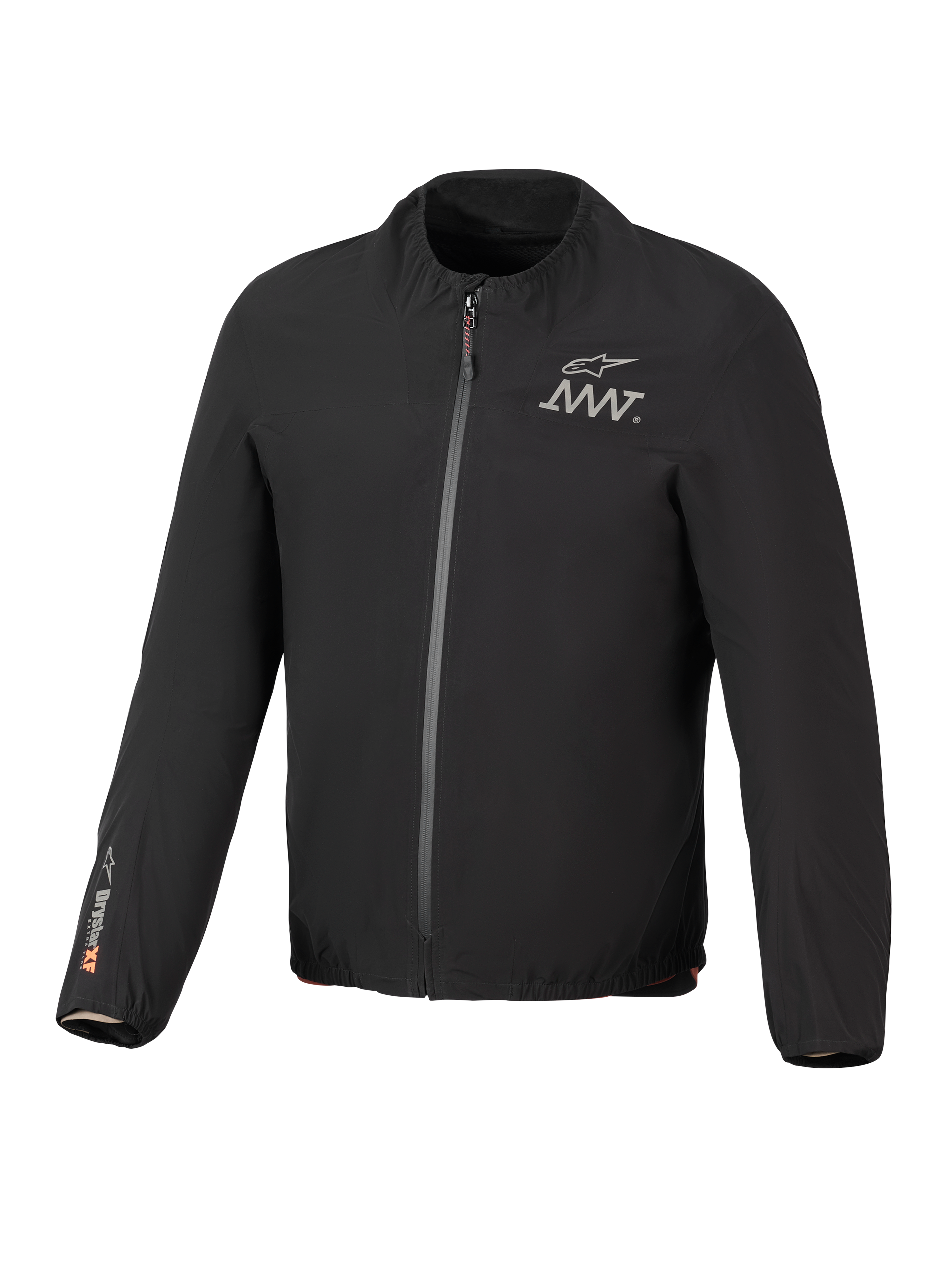Fodera per giacca Alpinestars AMT-8 Stretch Drystar® XF, nera, giacca elasticizzata impermeabile leggera, zip frontale, logo AMT sul petto, marchio Drystar® XF sulla manica destra, colletto e polsini elasticizzati