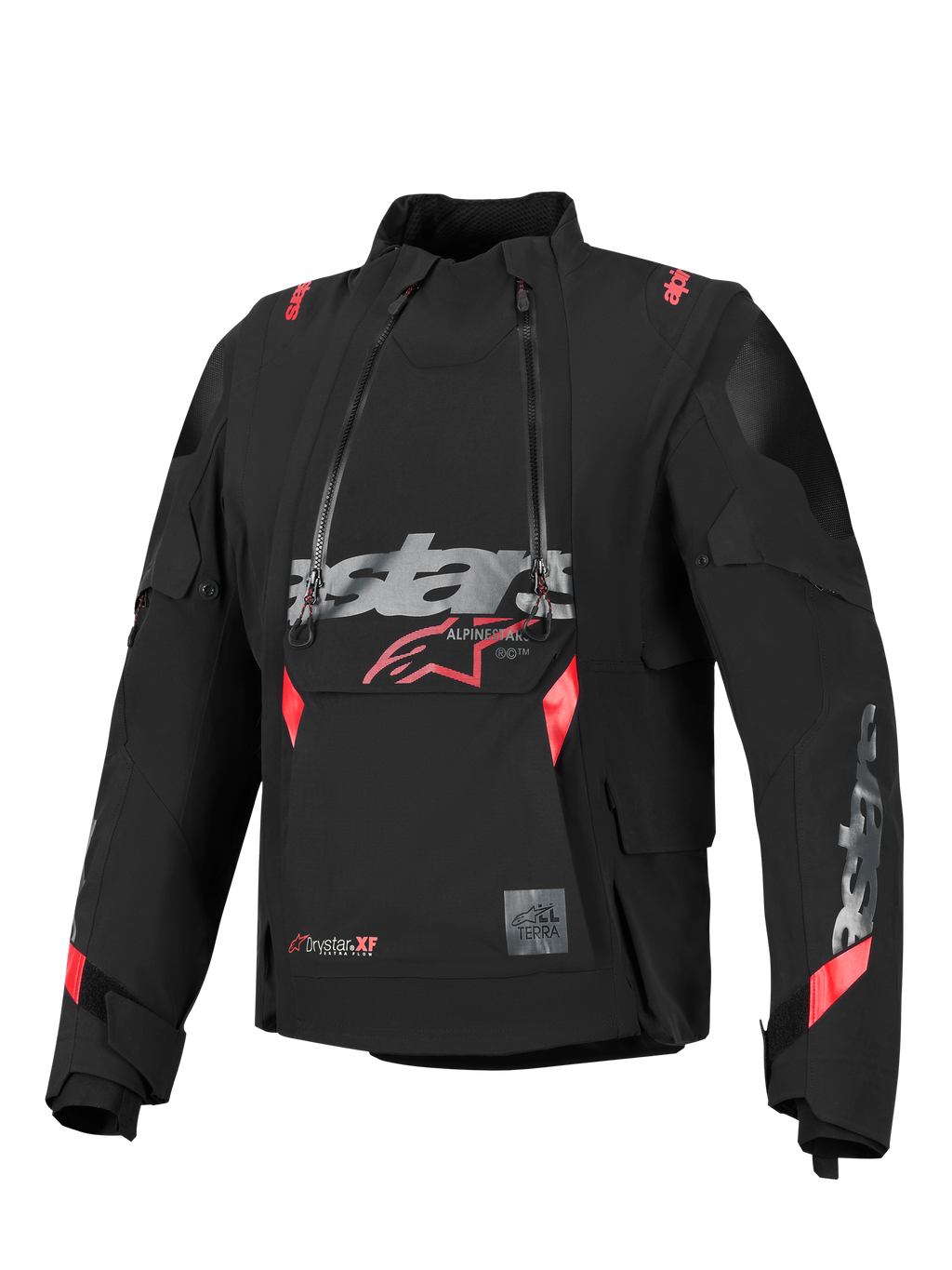 Alpinestars Halo Pro Drystar® XF Laminated Jacket, giacca da moto adventure, nero con accenti rossi e grigi, caratterizzata da doppie cerniere anteriori asimmetriche impermeabili, un grande logo sul petto e un design modulare in tessuto tecnico.
