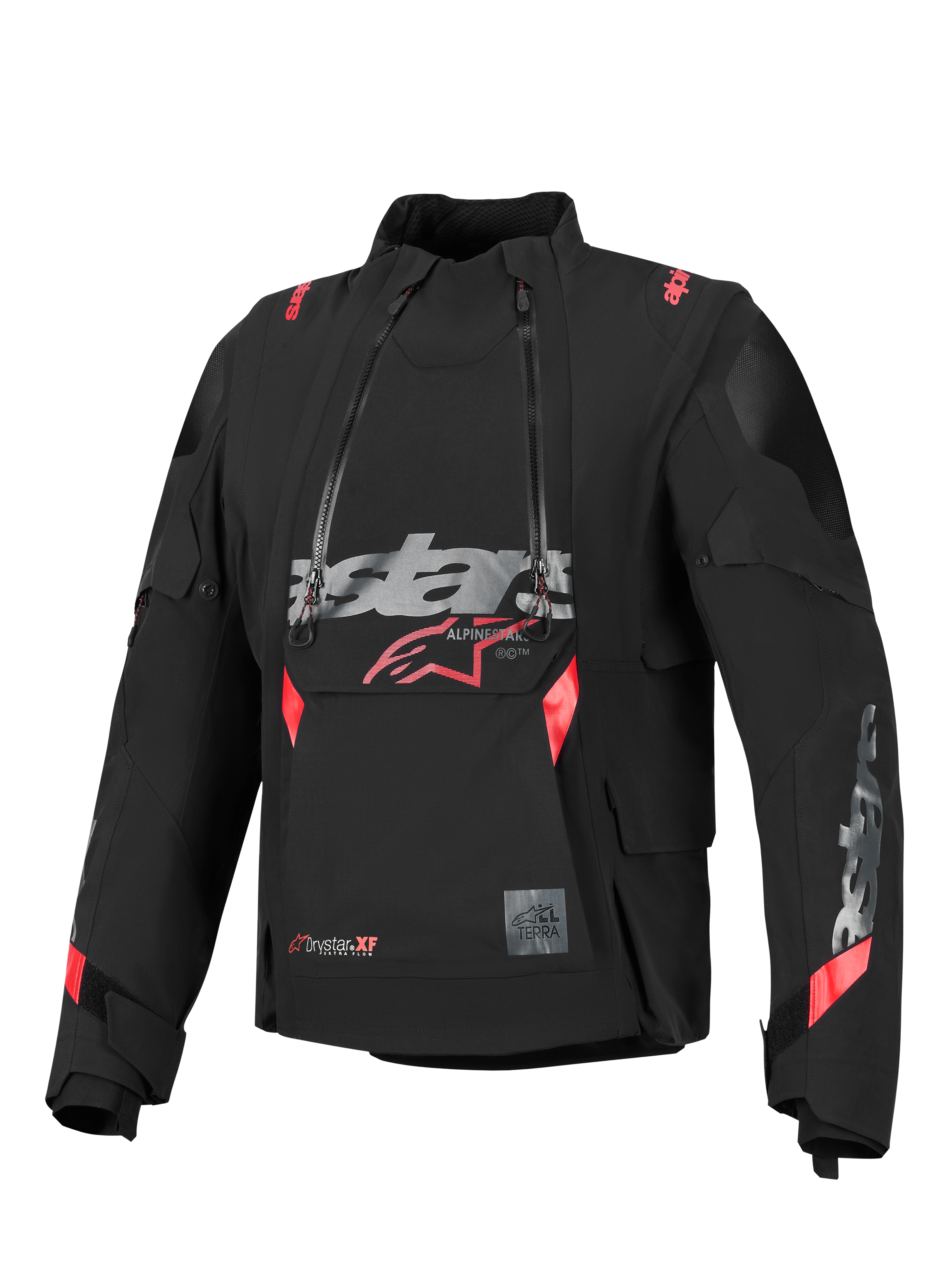 Alpinestars Halo Pro Drystar® XF Laminated Jacket, giacca da moto adventure, nero con accenti rossi e grigi, caratterizzata da doppie cerniere anteriori asimmetriche impermeabili, un grande logo sul petto e un design modulare in tessuto tecnico.
