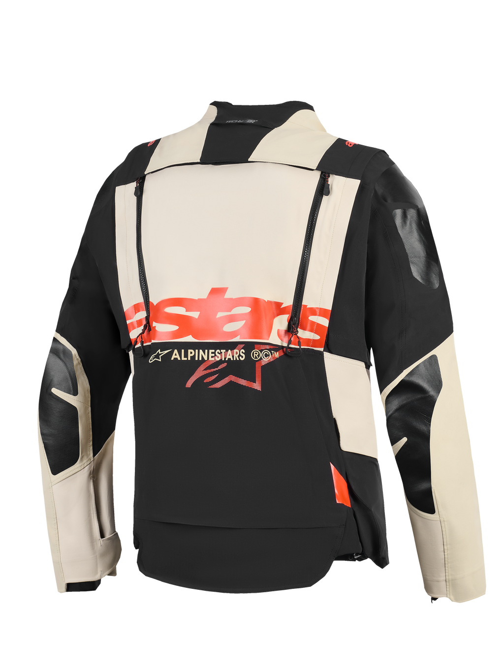 Giacca Alpinestars Halo Pro Drystar® XF Laminated, vista posteriore, costruzione in tessuto Mastic Black e panna, logo 'stars' rosso acceso al centro, doppie cerniere verticali per ventilazione modulare, abbigliamento tecnico da moto adventure