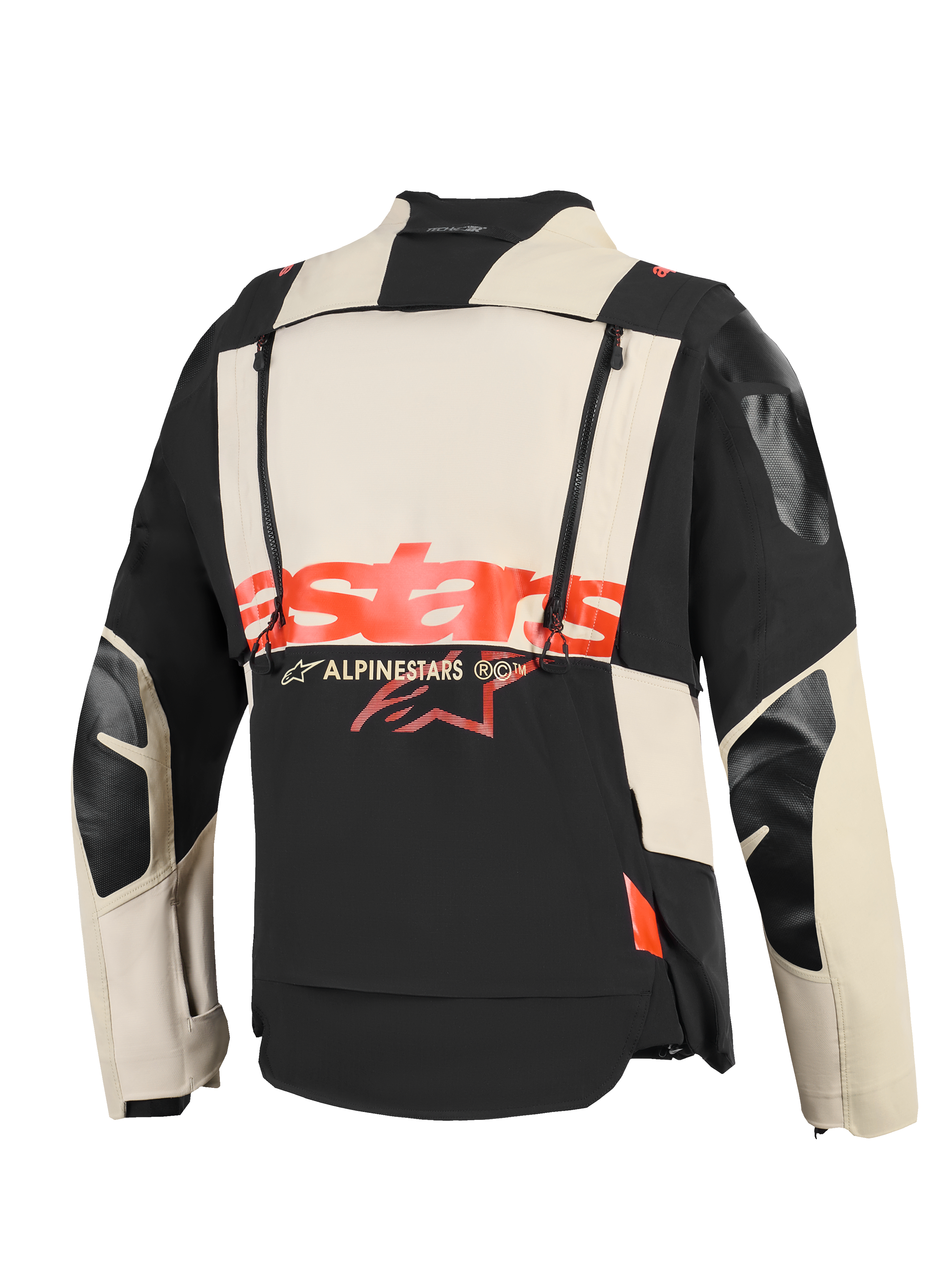Giacca Alpinestars Halo Pro Drystar® XF Laminated, vista posteriore, costruzione in tessuto Mastic Black e panna, logo 'stars' rosso acceso al centro, doppie cerniere verticali per ventilazione modulare, abbigliamento tecnico da moto adventure