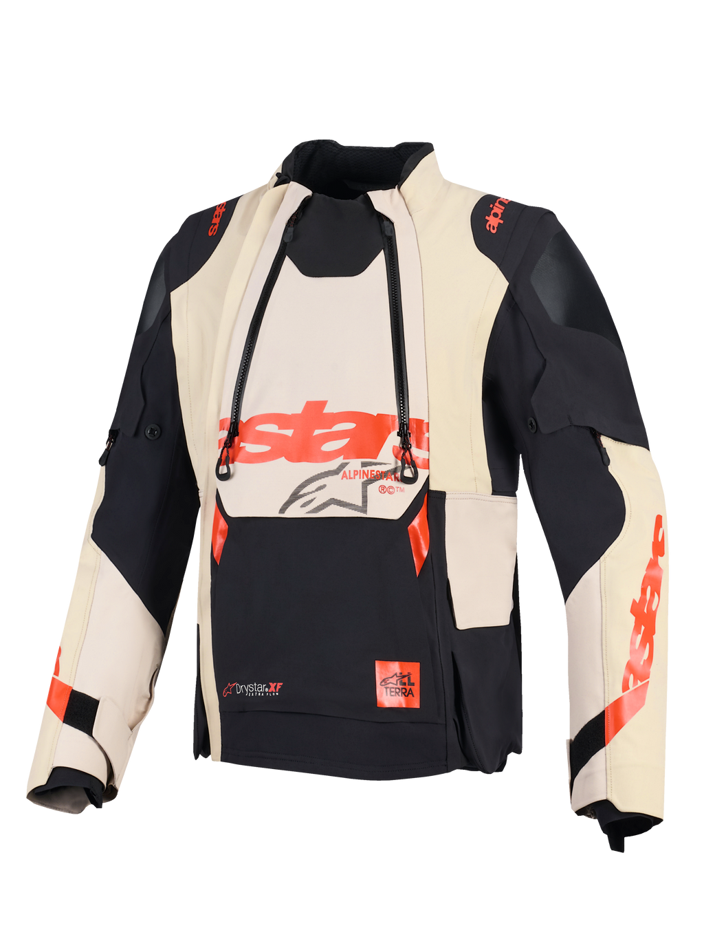 Alpinestars Halo Pro Drystar® XF Laminated Jacket, giacca da moto adventure, Mastic Black, con pannelli di ventilazione frontali modulari e branding Alpinestars rosso, design in tessuto tecnico per una guida versatile su ogni tipo di terreno