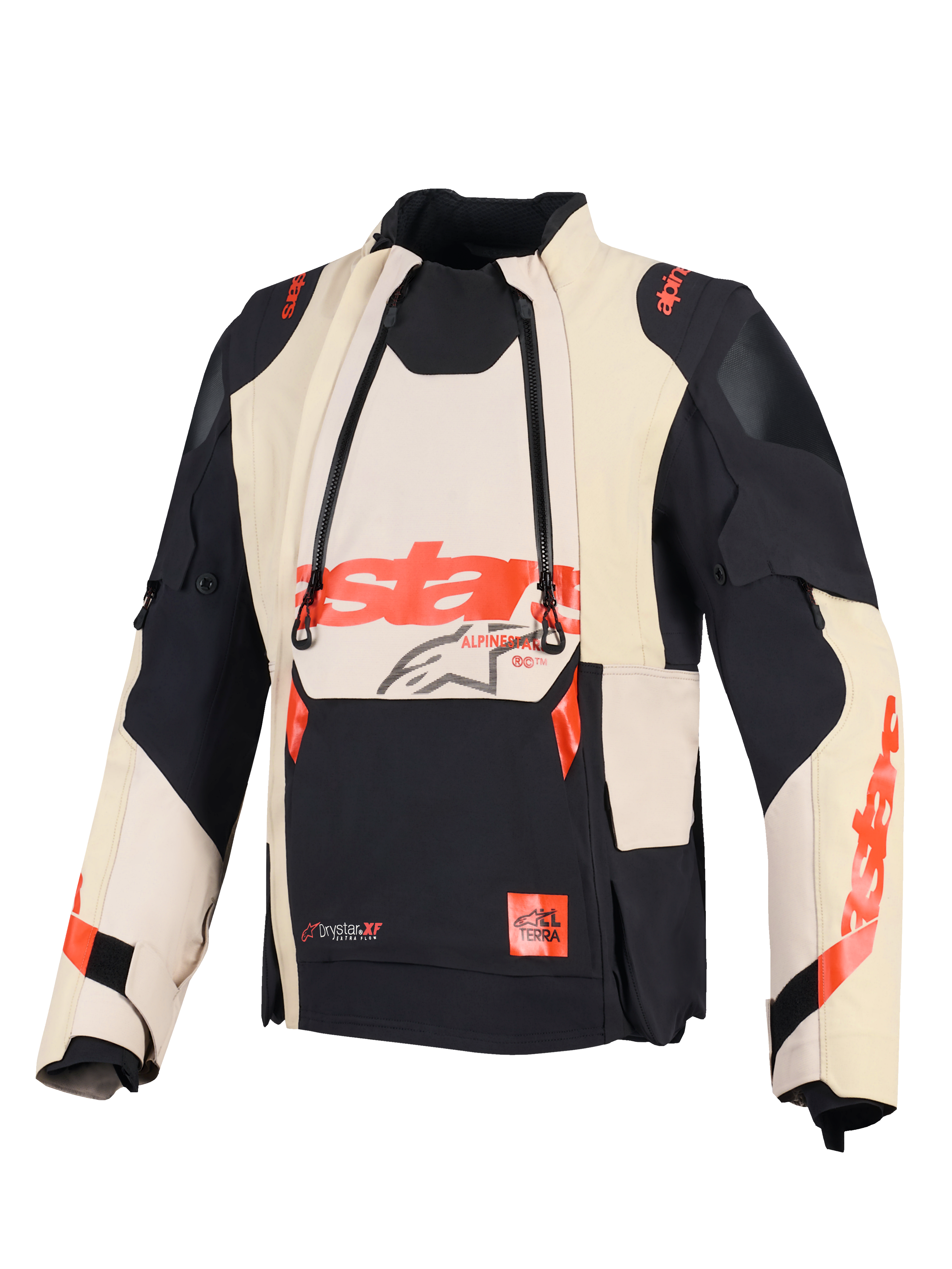 Alpinestars Halo Pro Drystar® XF Laminated Jacket, giacca da moto adventure, Mastic Black, con pannelli di ventilazione frontali modulari e branding Alpinestars rosso, design in tessuto tecnico per una guida versatile su ogni tipo di terreno