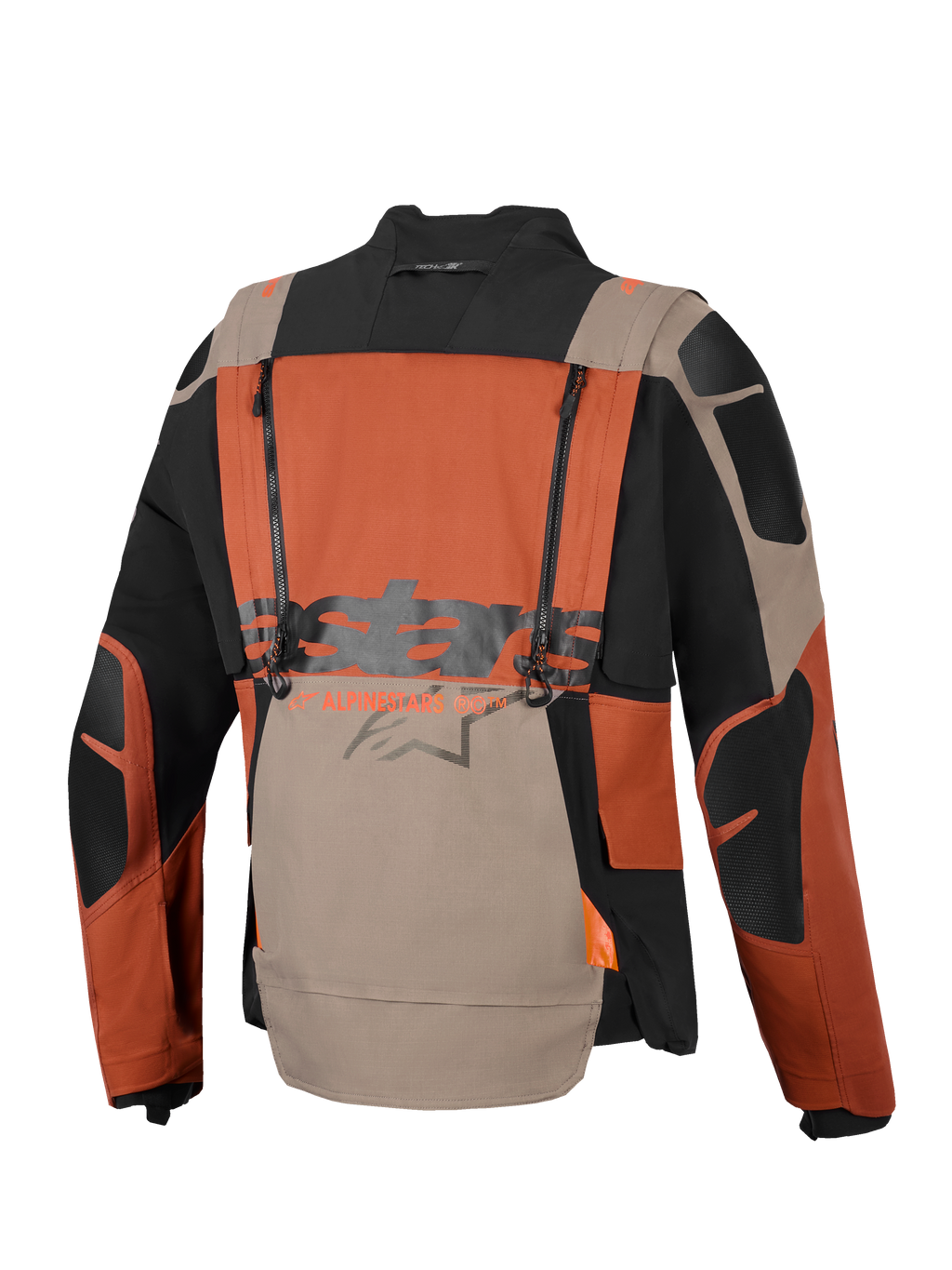 Giacca laminata Alpinestars Halo Pro Drystar® XF, giacca da moto adventure, Walnut Rust Black, vista posteriore con cerniere di ventilazione verticali, grande logo Alpinestars al centro e costruzione in tessuto ripstop resistente