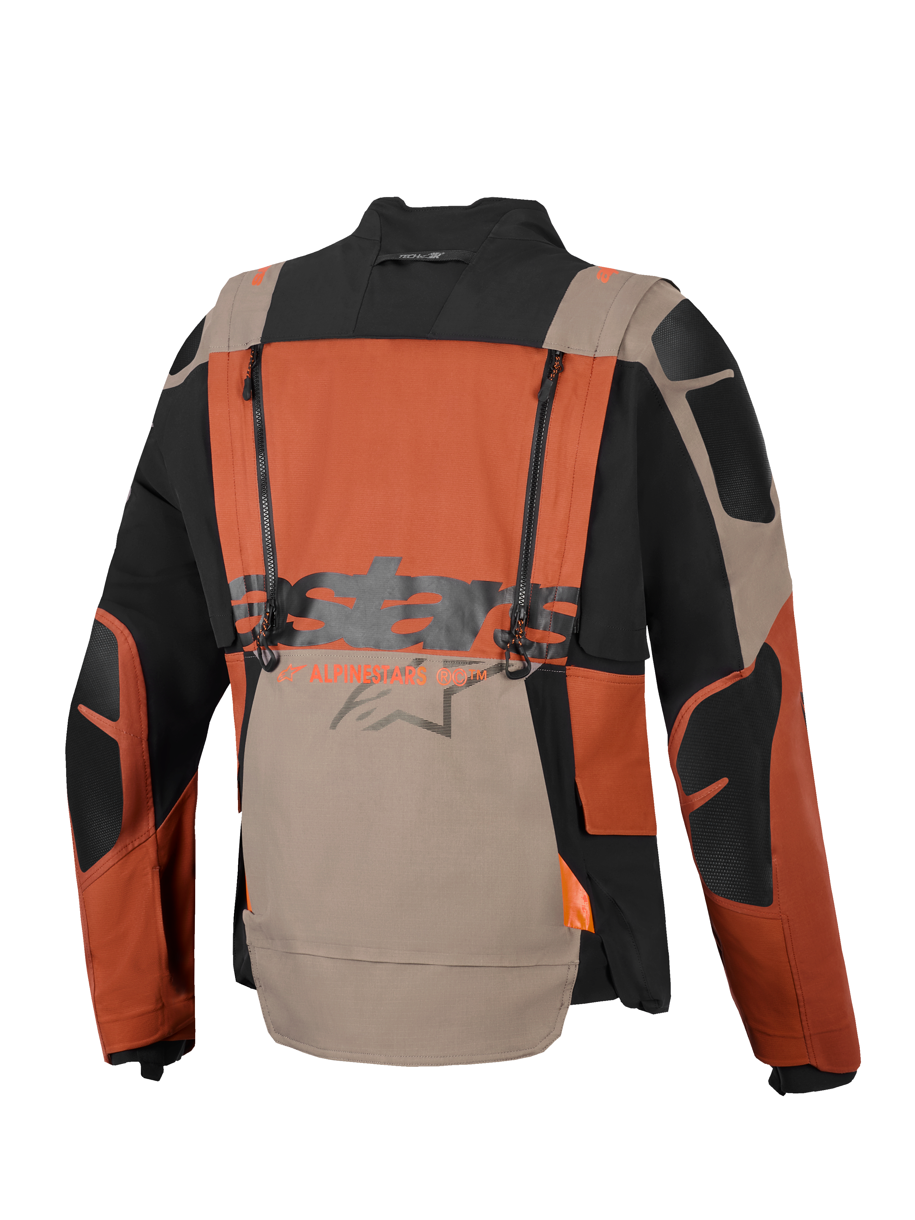Giacca laminata Alpinestars Halo Pro Drystar® XF, giacca da moto adventure, Walnut Rust Black, vista posteriore con cerniere di ventilazione verticali, grande logo Alpinestars al centro e costruzione in tessuto ripstop resistente