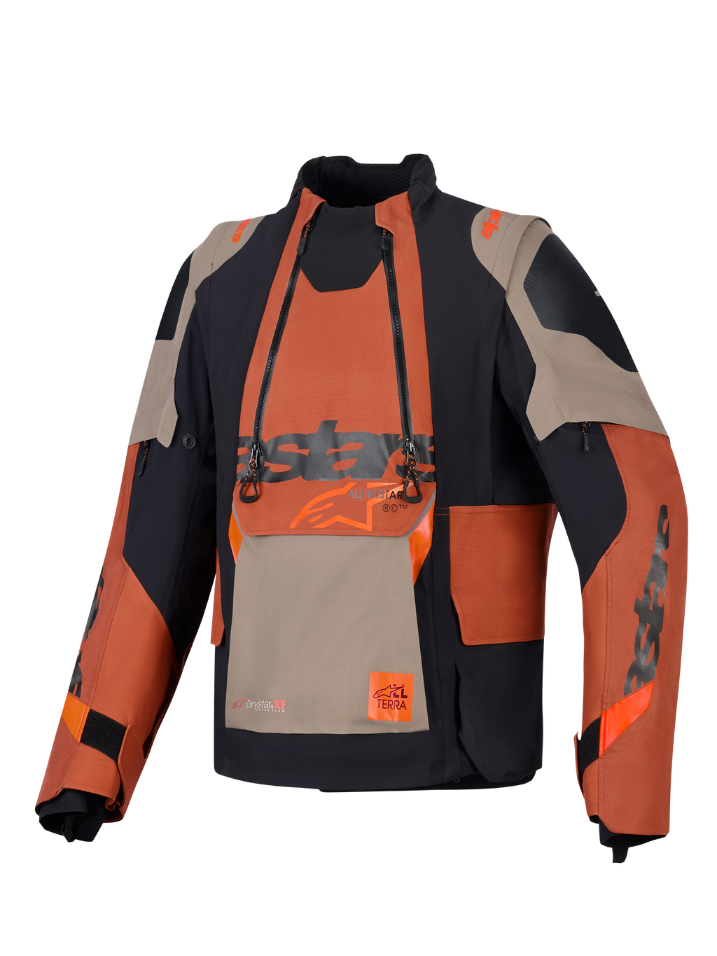 Giacca laminata Alpinestars Halo Pro Drystar® XF, giacca da moto adventure, Walnut Rust Black, vista frontale con pannello modulare sul petto e doppie cerniere impermeabili, robusta struttura in tessuto con pannelli color sabbia e arancione.
