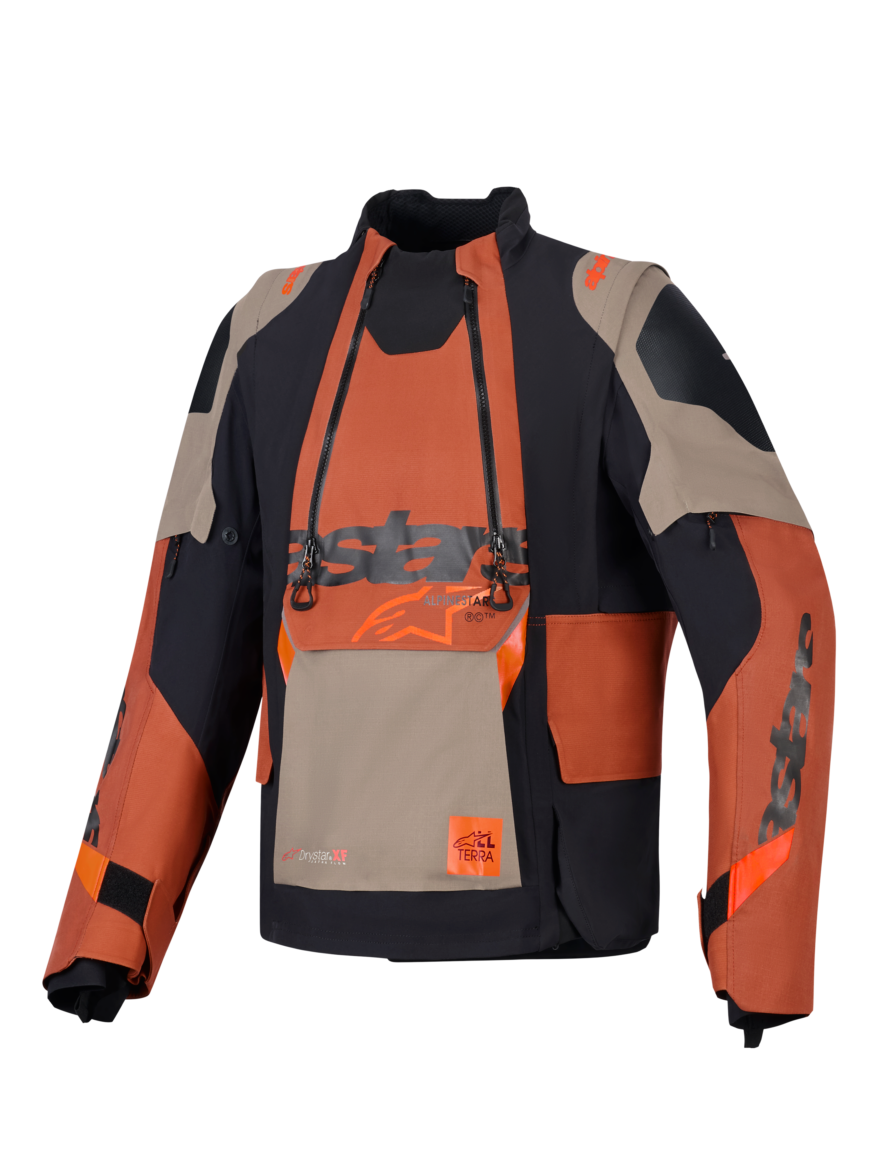Giacca laminata Alpinestars Halo Pro Drystar® XF, giacca da moto adventure, Walnut Rust Black, vista frontale con pannello modulare sul petto e doppie cerniere impermeabili, robusta struttura in tessuto con pannelli color sabbia e arancione.
