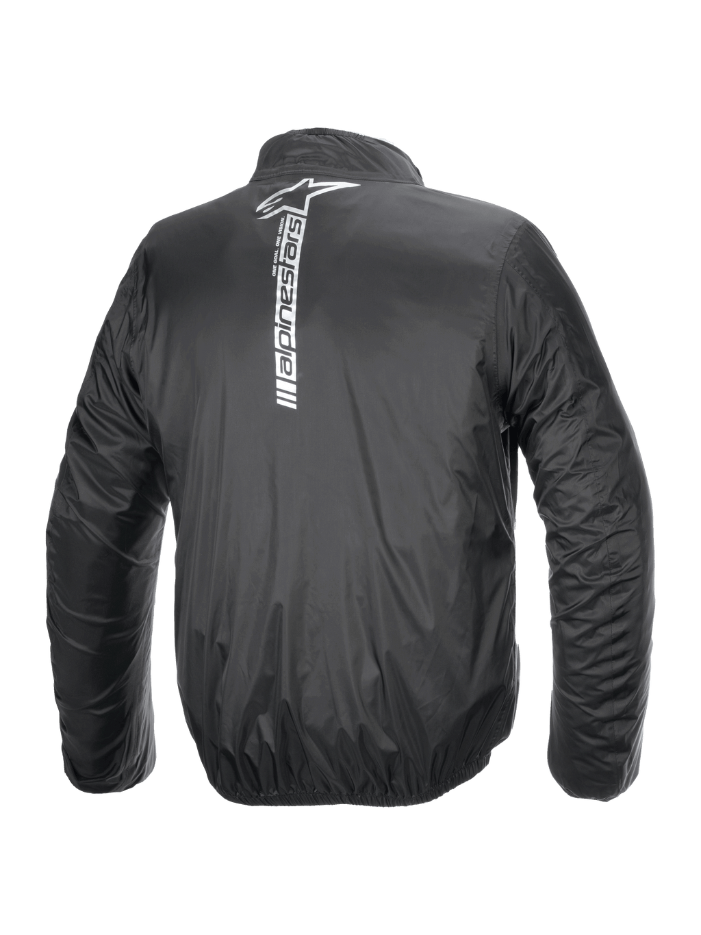 Giacca Alpinestars Hurricane Rain V2, giacca da moto antipioggia impermeabile, nero, vista posteriore con un grande logo Alpinestars bianco verticale e scritta al centro della schiena, tessuto laminato leggero con polsini e vita elasticizzati