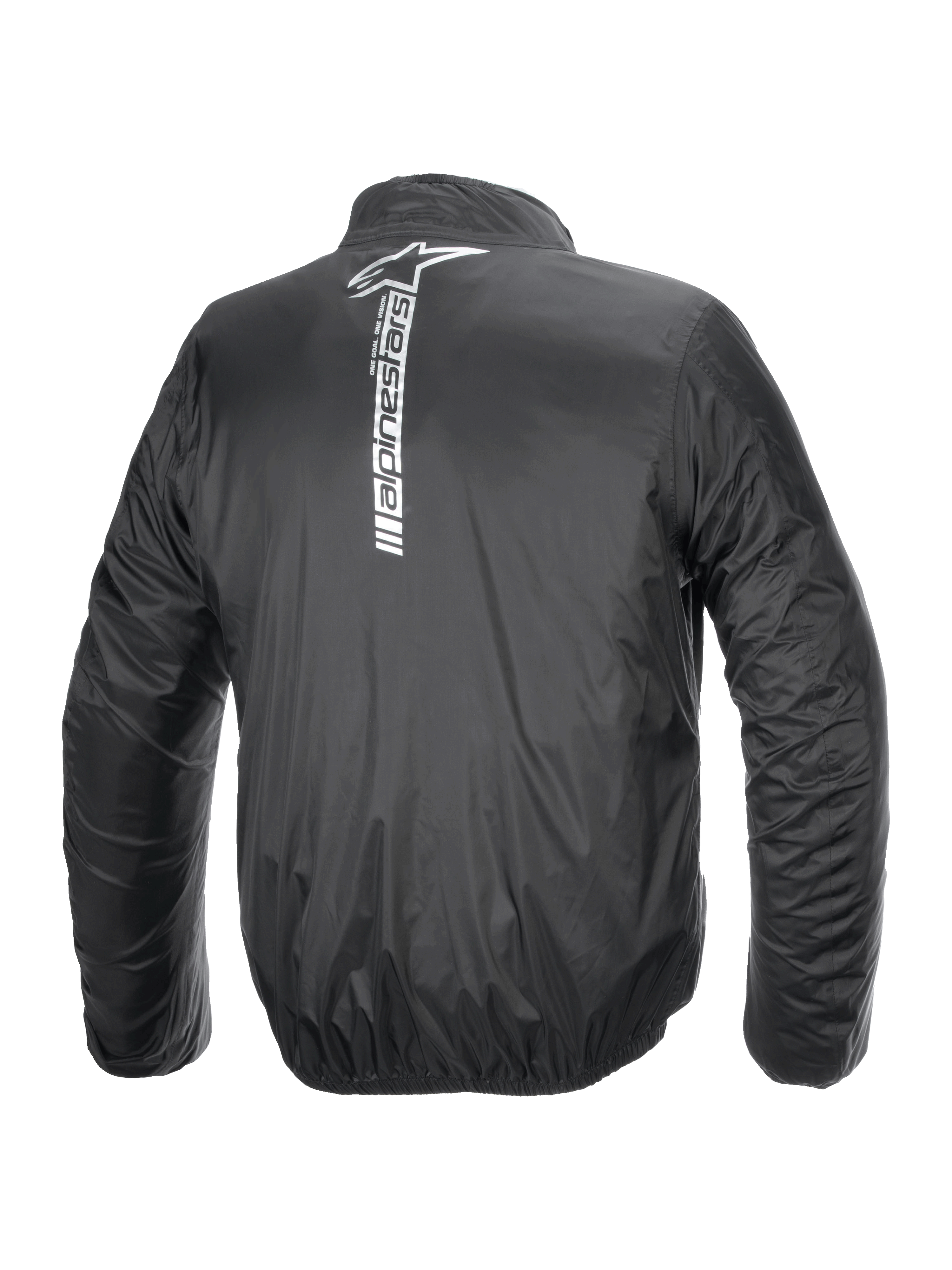 Giacca Alpinestars Hurricane Rain V2, giacca da moto antipioggia impermeabile, nero, vista posteriore con un grande logo Alpinestars bianco verticale e scritta al centro della schiena, tessuto laminato leggero con polsini e vita elasticizzati