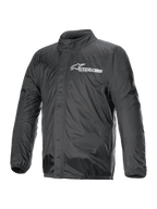 Alpinestars Hurricane Rain V2 Jacket, giacca antipioggia da moto, nera, con logo Alpinestars bianco sul petto, collo alto, cerniera frontale con patta protettiva, polsini e orlo elasticizzati, tessuto laminato impermeabile
