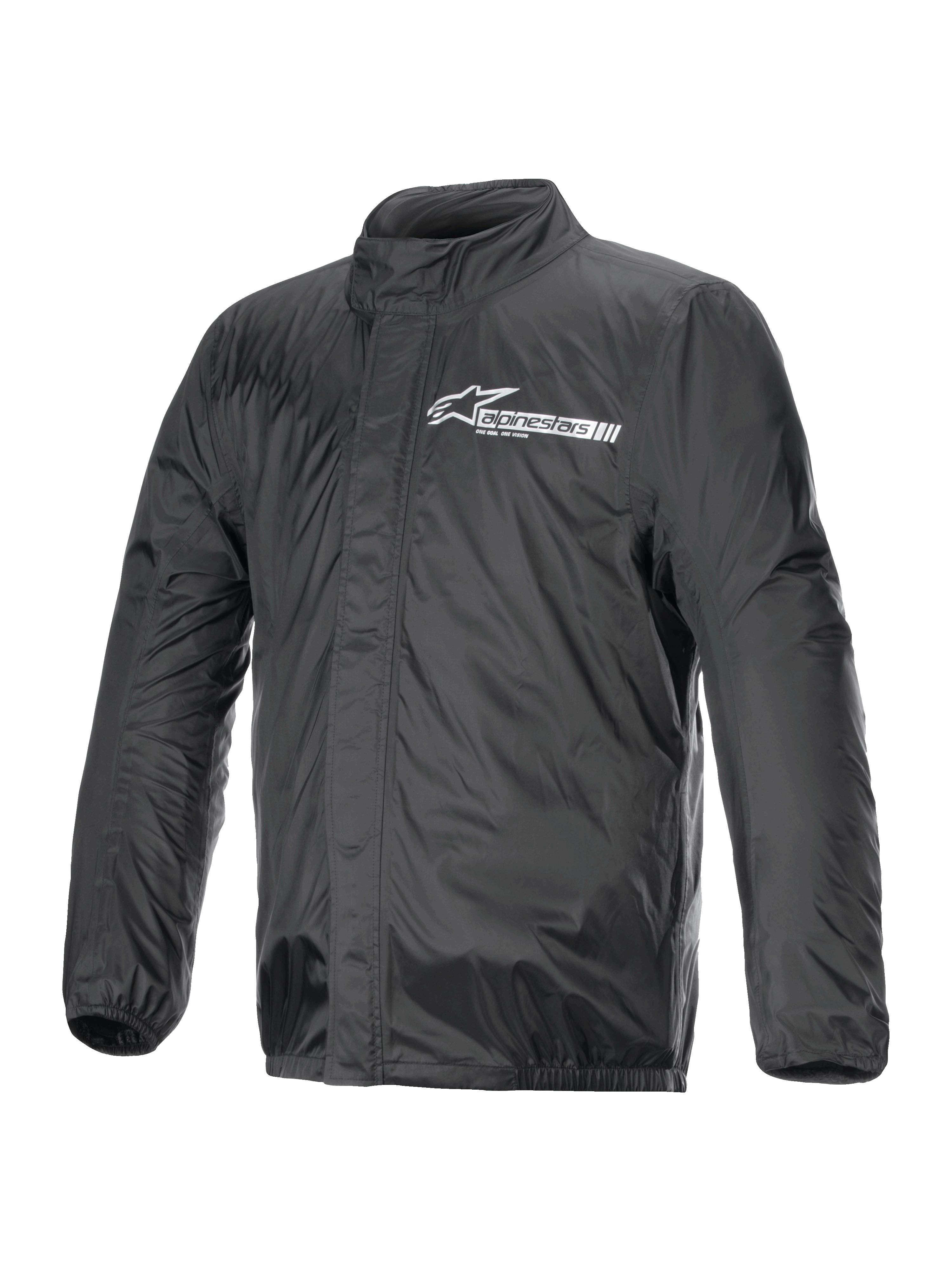 Alpinestars Hurricane Rain V2 Jacket, giacca antipioggia da moto, nera, con logo Alpinestars bianco sul petto, collo alto, cerniera frontale con patta protettiva, polsini e orlo elasticizzati, tessuto laminato impermeabile