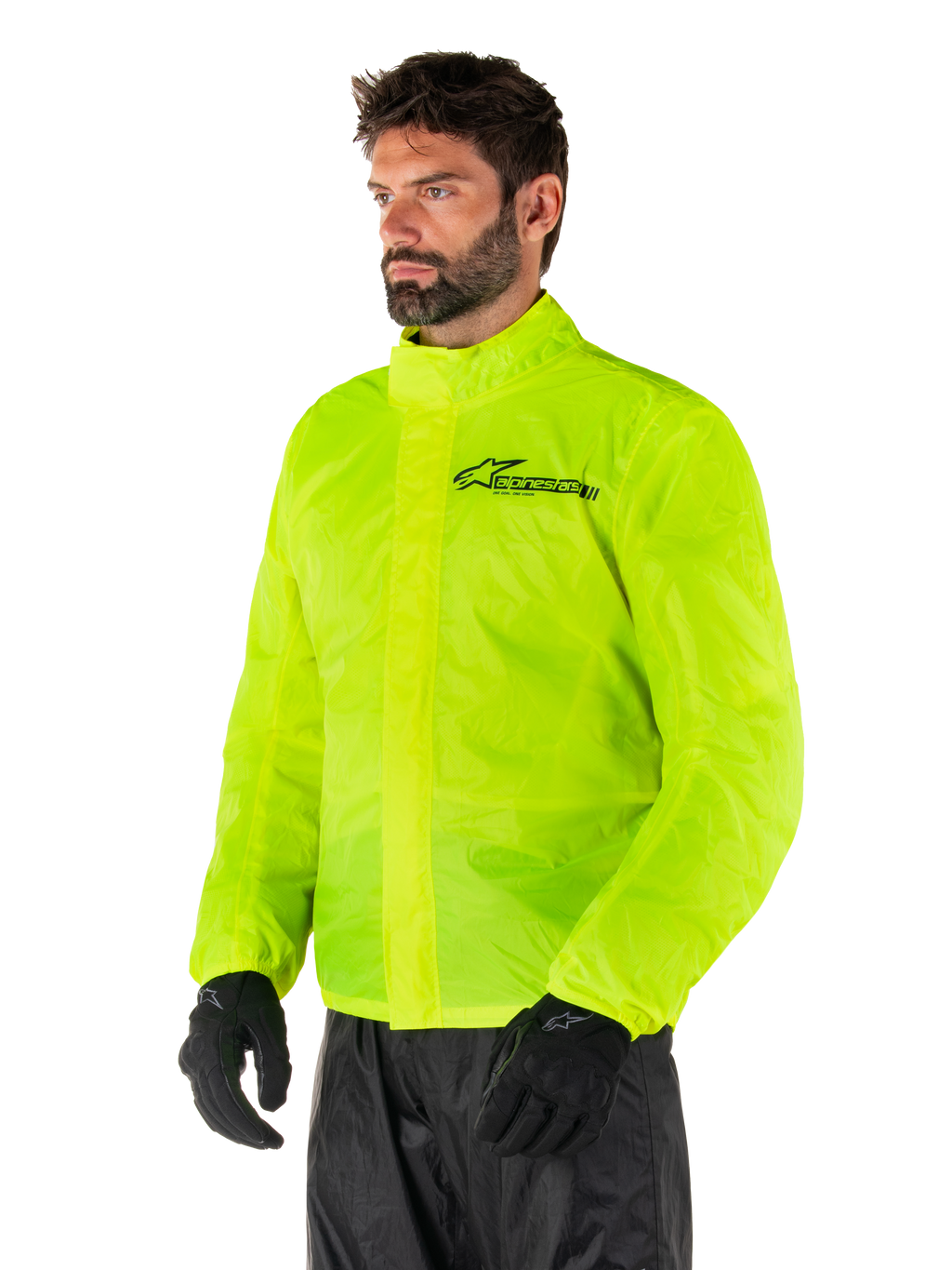 Giacca Alpinestars Hurricane Rain V2, Giallo Fluo, giacca antipioggia da moto impermeabile giallo fluorescente ad alta visibilità, chiusura frontale a doppia patta, logo Alpinestars sul petto, design leggero e ripiegabile per la guida in condizioni di pioggia