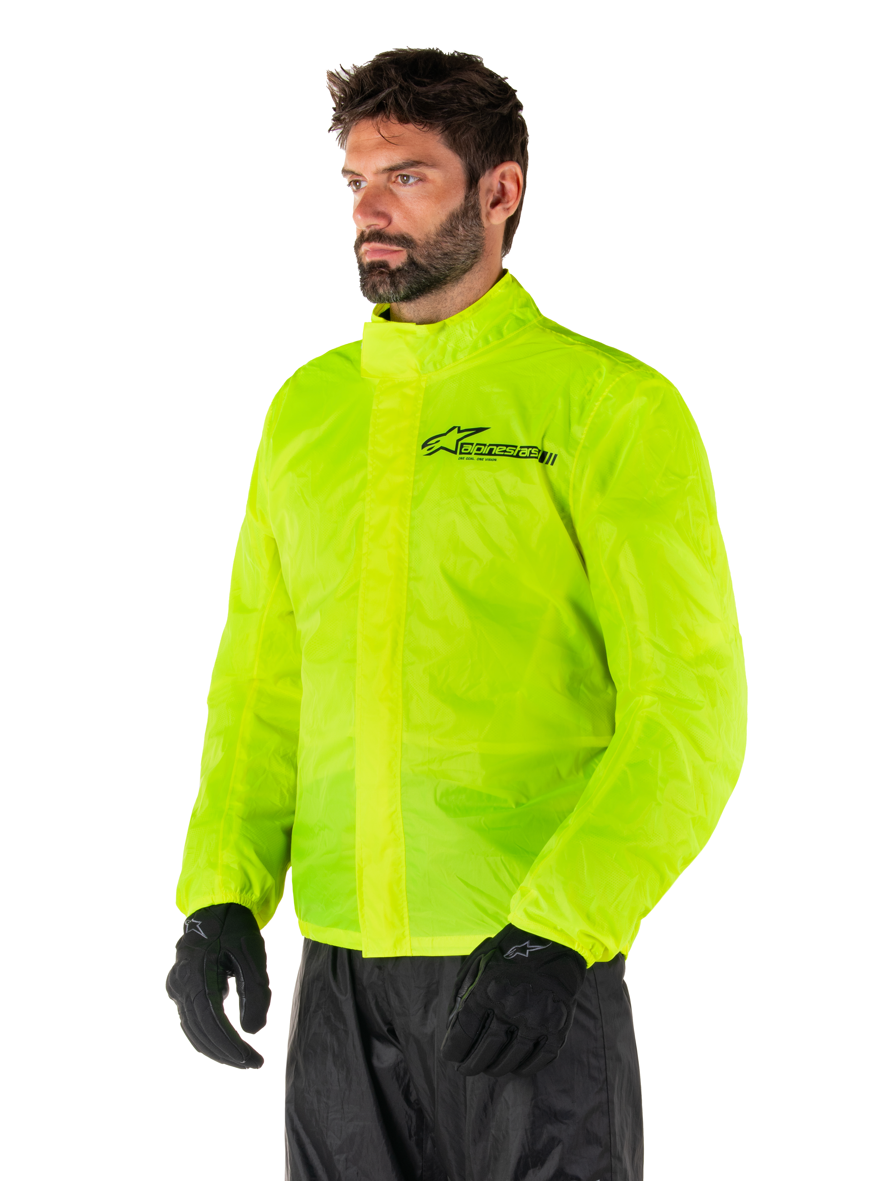 Giacca Alpinestars Hurricane Rain V2, Giallo Fluo, giacca antipioggia da moto impermeabile giallo fluorescente ad alta visibilità, chiusura frontale a doppia patta, logo Alpinestars sul petto, design leggero e ripiegabile per la guida in condizioni di pioggia