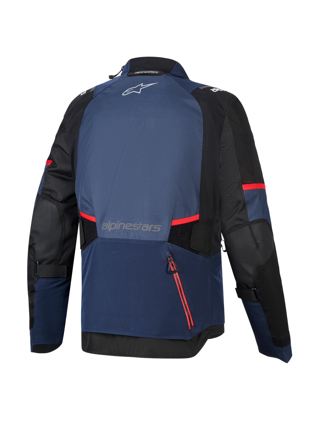 Giacca Alpinestars Andes V4 Drystar®, vista posteriore, Night Navy Mood Indigo e nero, con accenti e strisce rosse sulle cerniere, ampio scomparto posteriore impermeabile, logo Alpinestars sulla parte superiore e inferiore della schiena, giacca tecnica adventure touring.