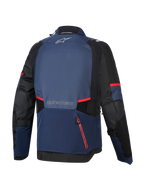 Giacca Alpinestars Andes V4 Drystar®, vista posteriore, Night Navy Mood Indigo e nero, con accenti e strisce rosse sulle cerniere, ampio scomparto posteriore impermeabile, logo Alpinestars sulla parte superiore e inferiore della schiena, giacca tecnica adventure touring.